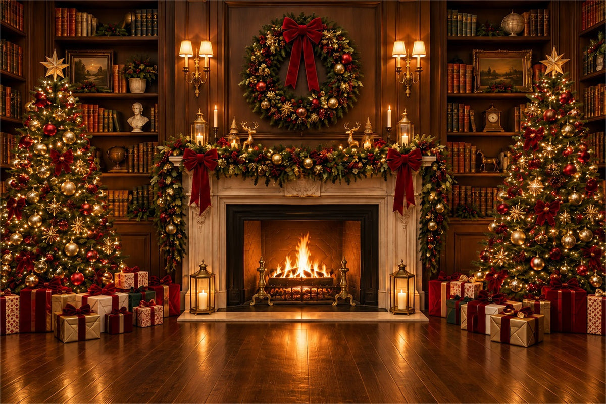 Fond Photo De Noël Grande Bibliothèque Cheminée Ornée ZTT610-21