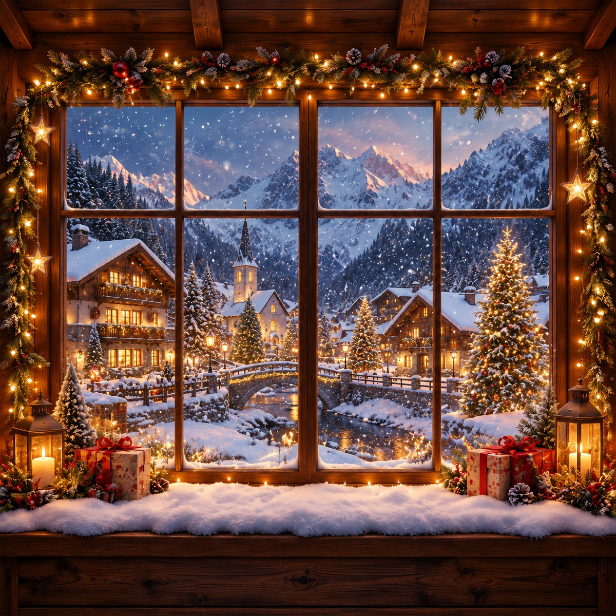 Fond De Noël Hiver Maison Alpine Fenêtre Enneigée ZTT610-27