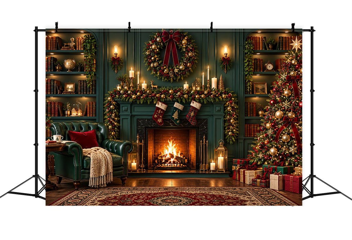 Fond De Cheminée De Noël Bibliothèque Émeraude Vintage Chaussettes ZTT610-30