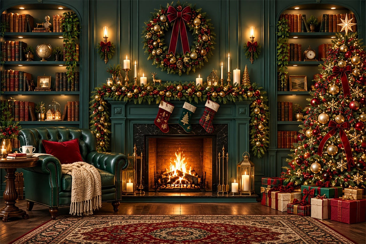 Fond De Cheminée De Noël Bibliothèque Émeraude Vintage Chaussettes ZTT610-30