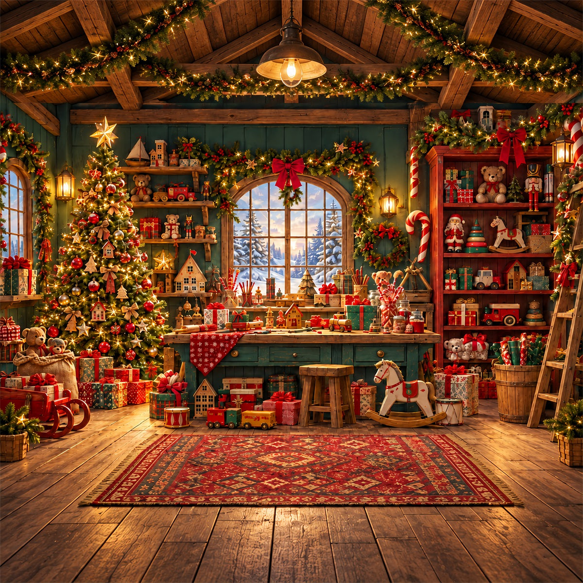 Fond Photo Atelier Du Père Noël Chalet Rustique Jouets ZTT610-32