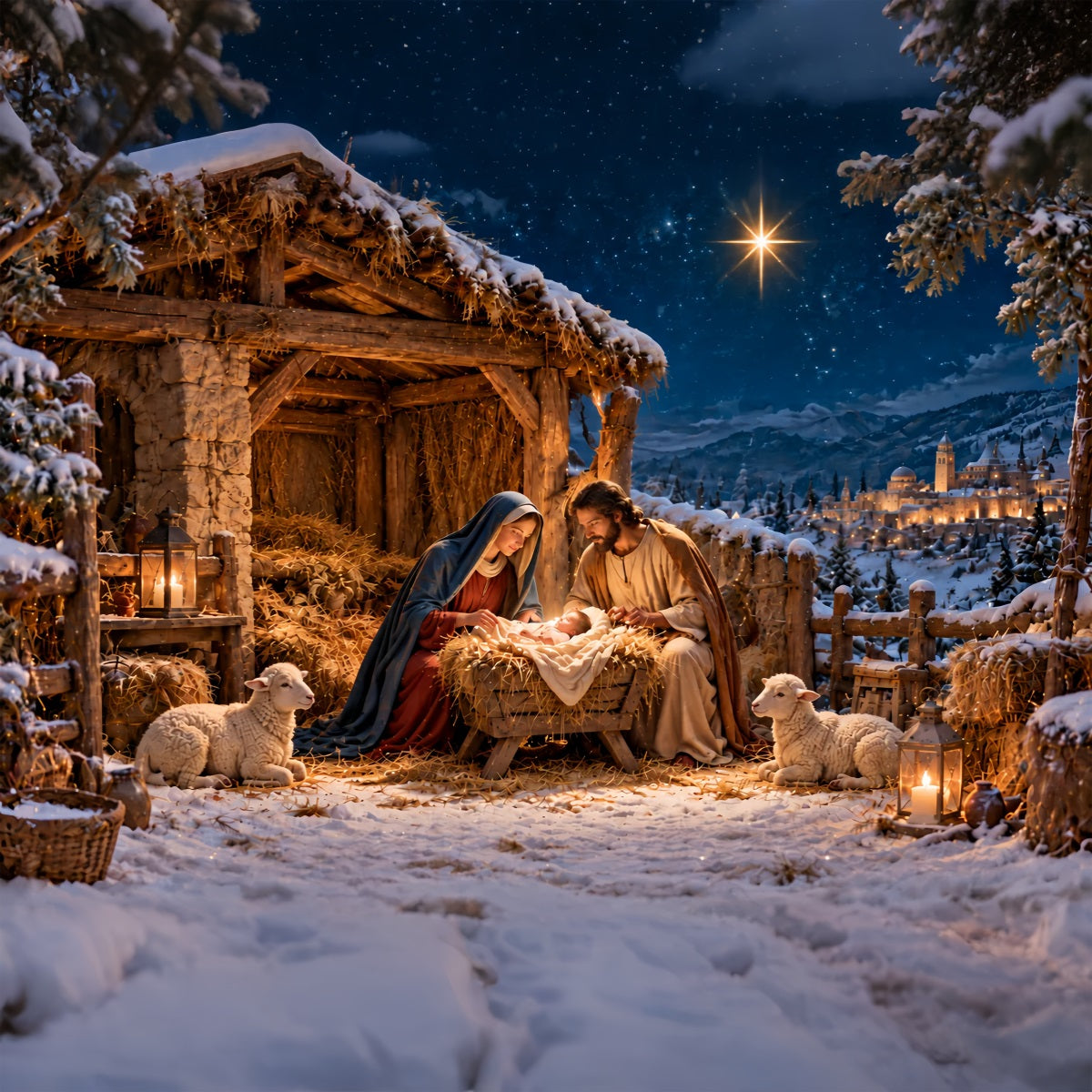 Fond De Crèche De Noël Étoile De Bethléem Étable Mangeoire ZTT610-34