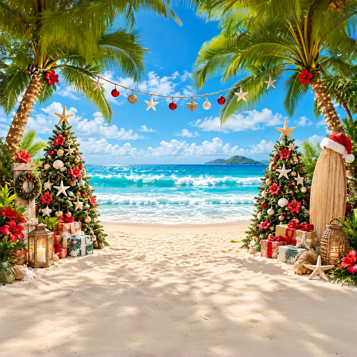Fond De Noël Tropical Plage Surf Arbre Décoré ZTT610-37