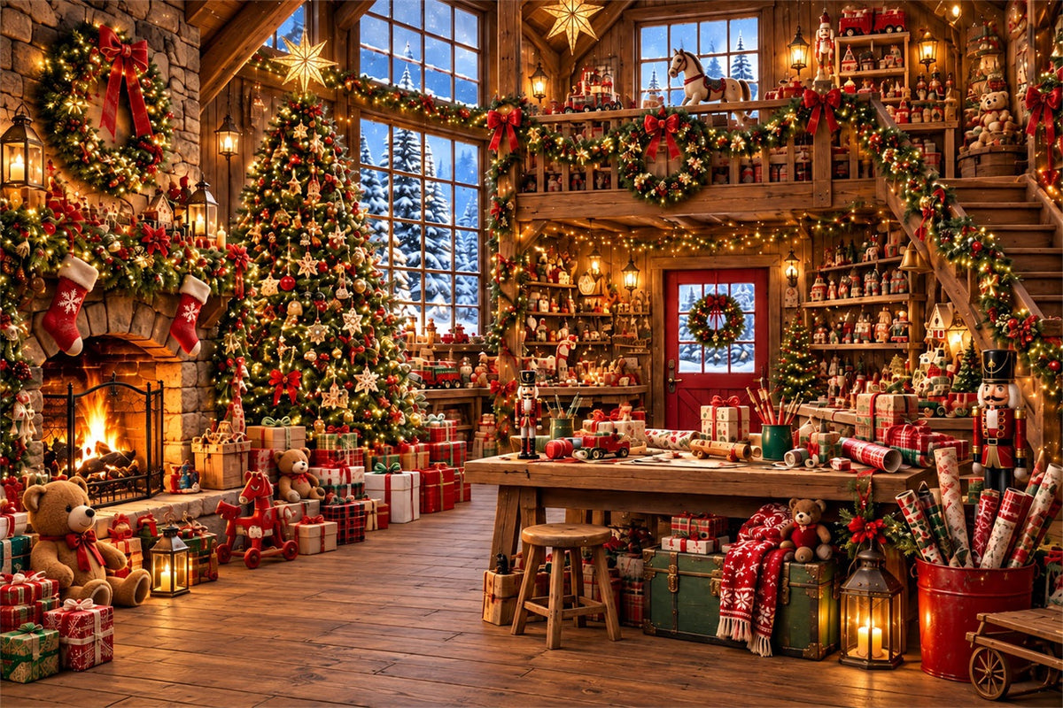 Fond Photo Atelier Du Père Noël Chalet Rustique Atelier Jouets ZTT610-39