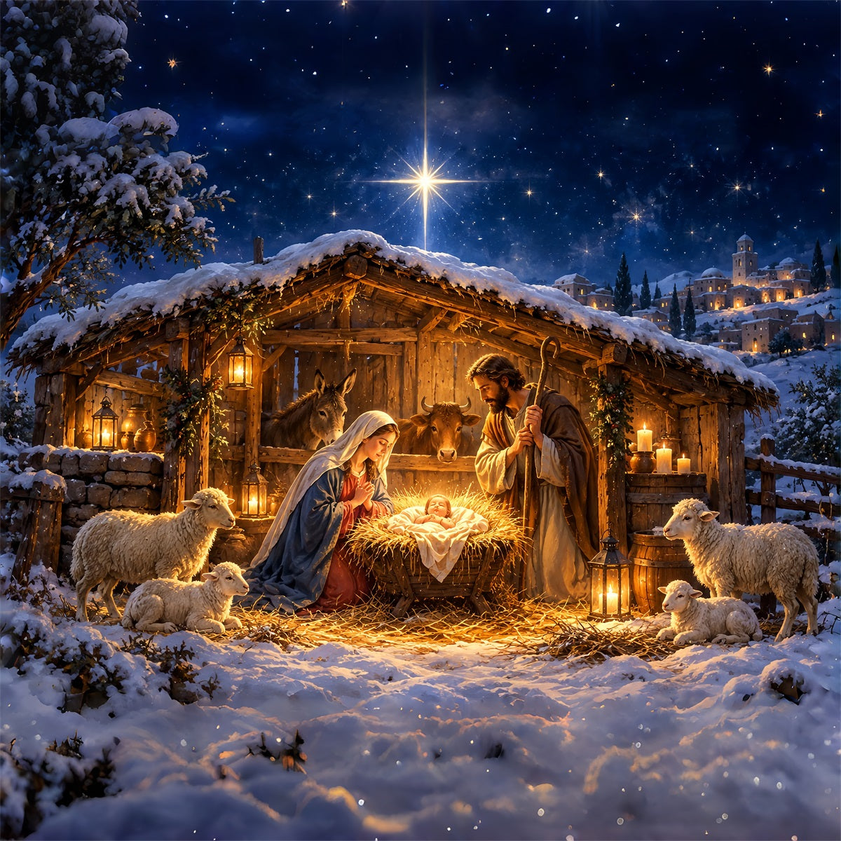 Fond De Crèche De Noël Étoile Bethléem Étable Mangeoire ZTT610-4