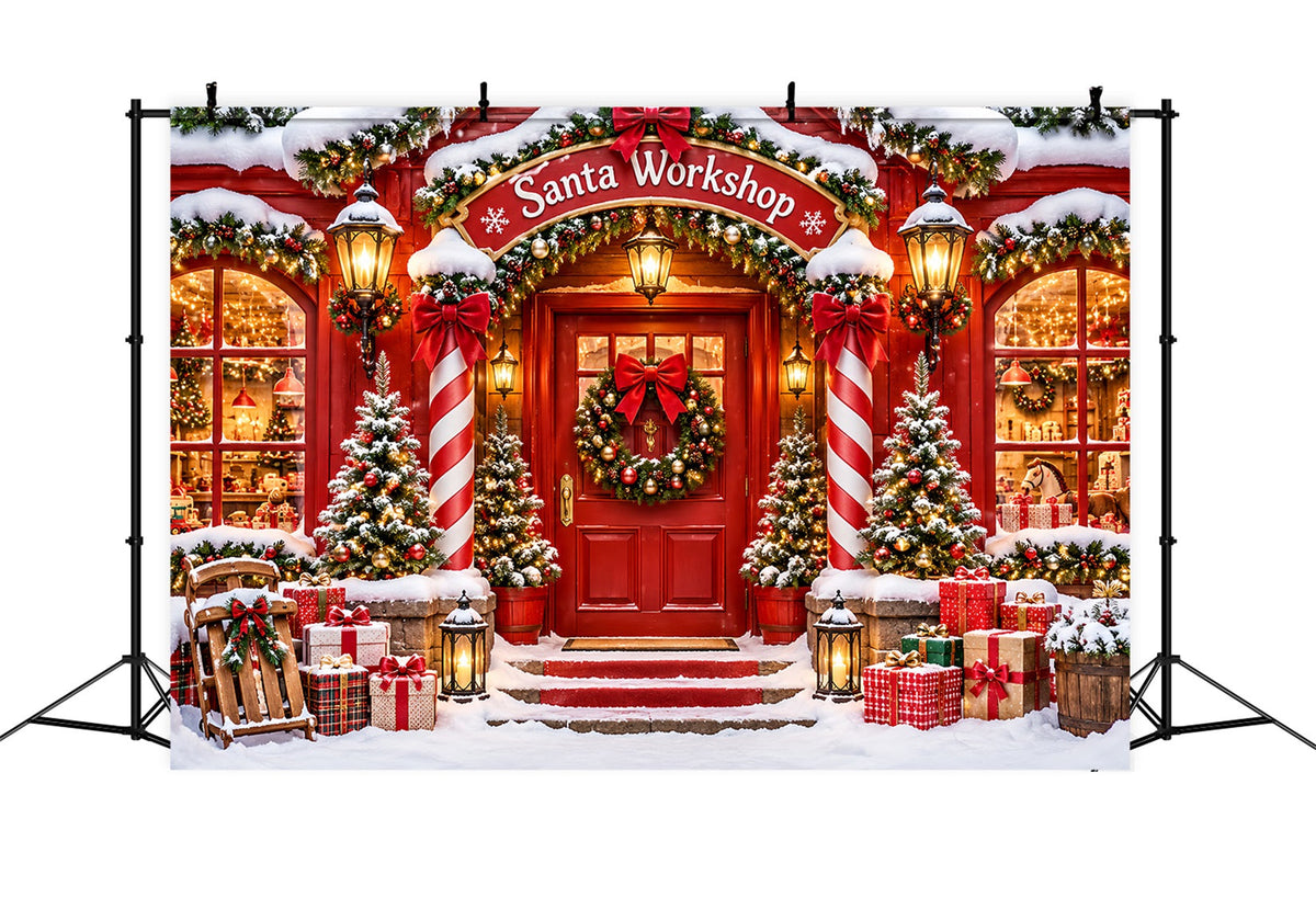 Fond De Noël Atelier Du Père Noël Maison Enneigée Entrée Rouge ZTT610-40