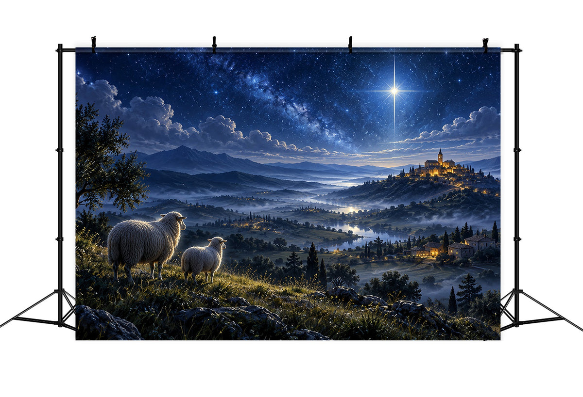 Fond De Crèche De Noël Colline Étoilée De Bethléem Moutons ZTT610-45