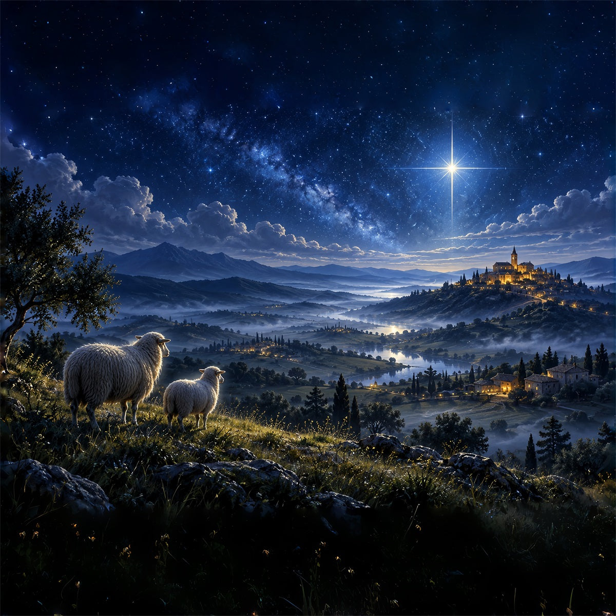 Fond De Crèche De Noël Colline Étoilée De Bethléem Moutons ZTT610-45