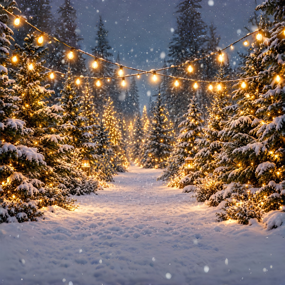 Fond De Noël Ferme Sapins Sentier Forêt Enneigée Lumineuse ZTT610-46