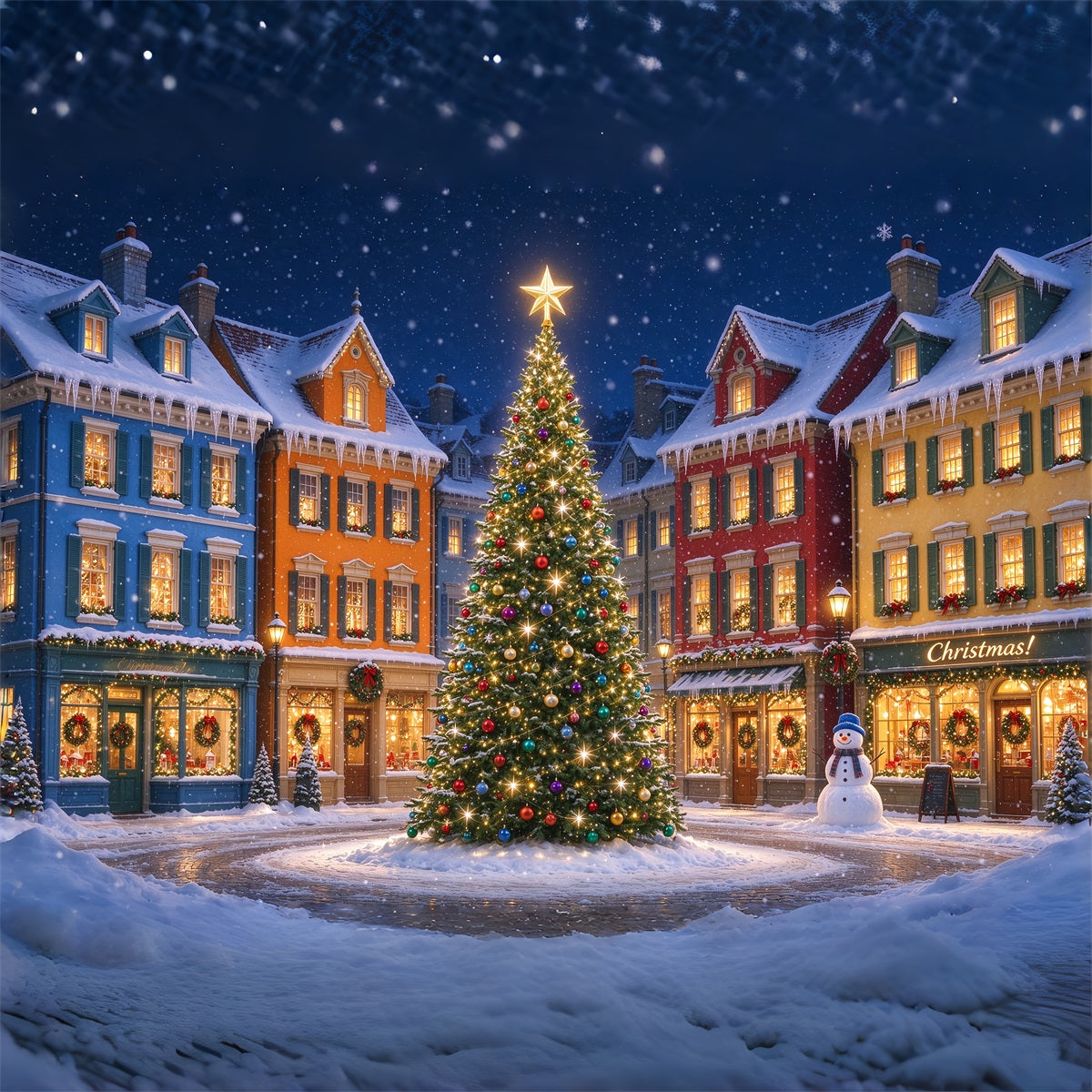 Fond De Noël Ville Colorée Maisons Enneigées Sapin ZTT610-47