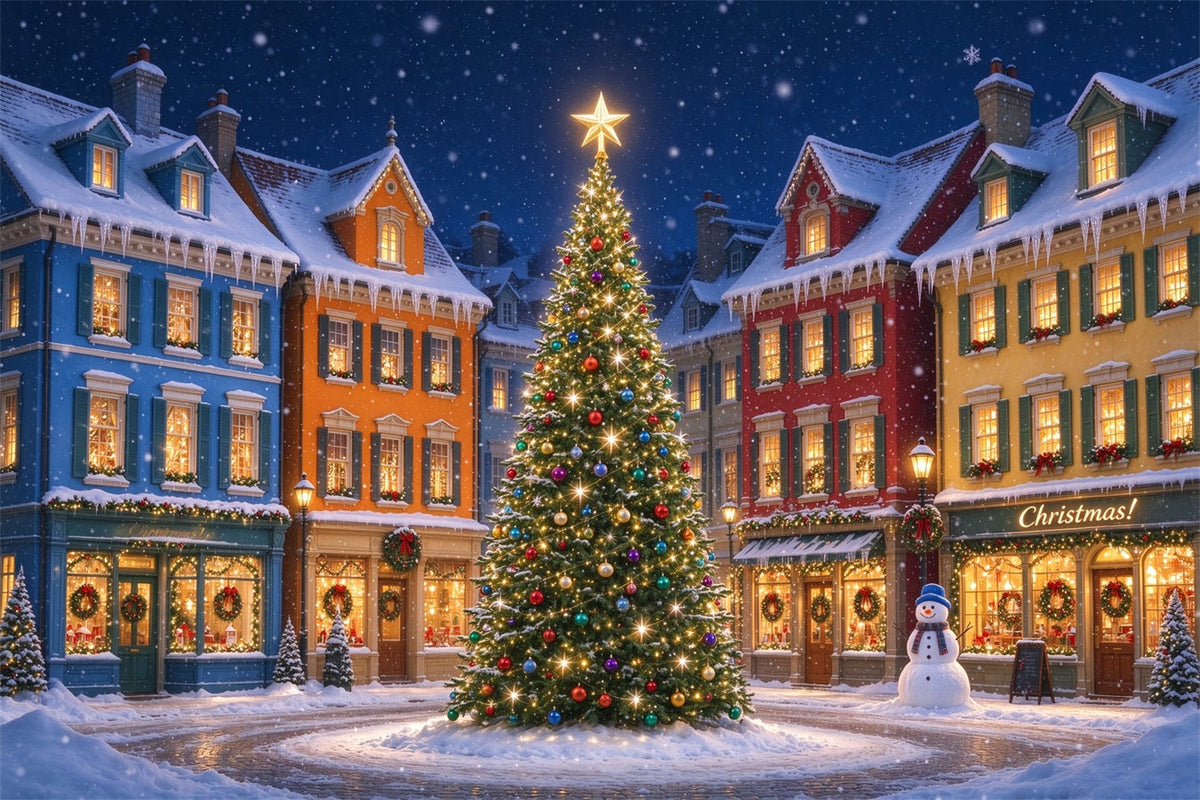 Fond De Noël Ville Colorée Maisons Enneigées Sapin ZTT610-47