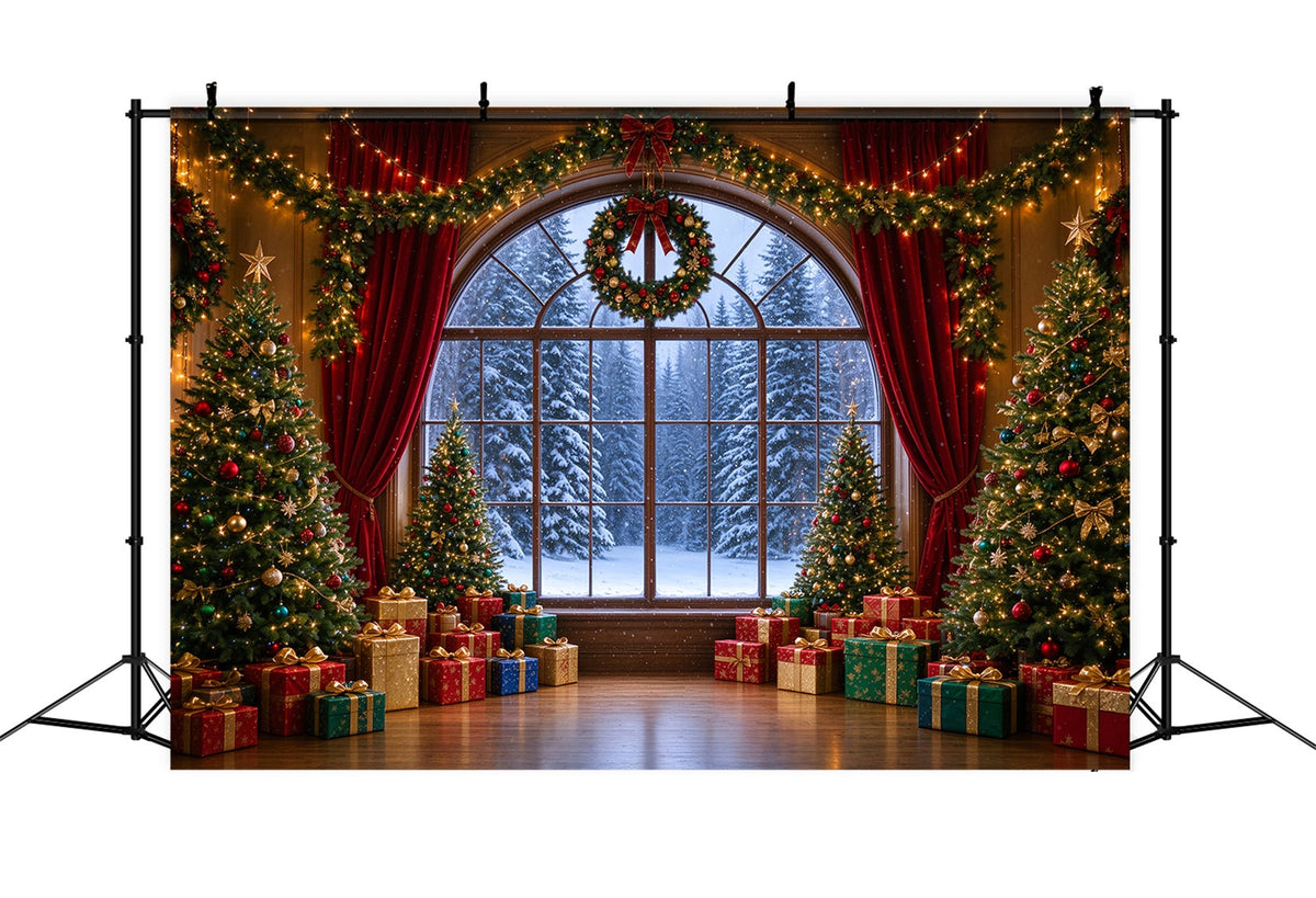 Fond Photo De Noël Fenêtre Cintrée Vue Forêt Enneigée ZTT610-5