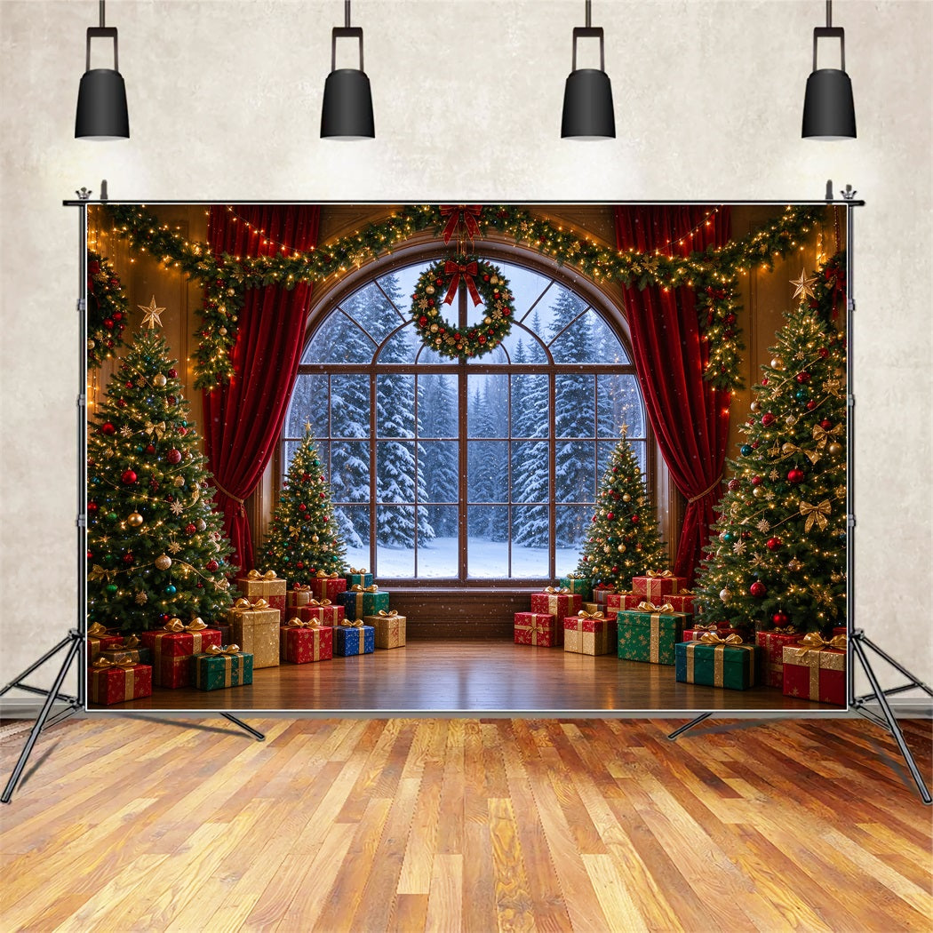 Fond Photo De Noël Fenêtre Cintrée Vue Forêt Enneigée ZTT610-5