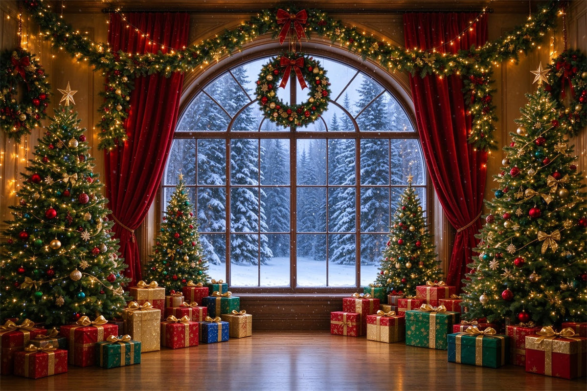 Fond Photo De Noël Fenêtre Cintrée Vue Forêt Enneigée ZTT610-5