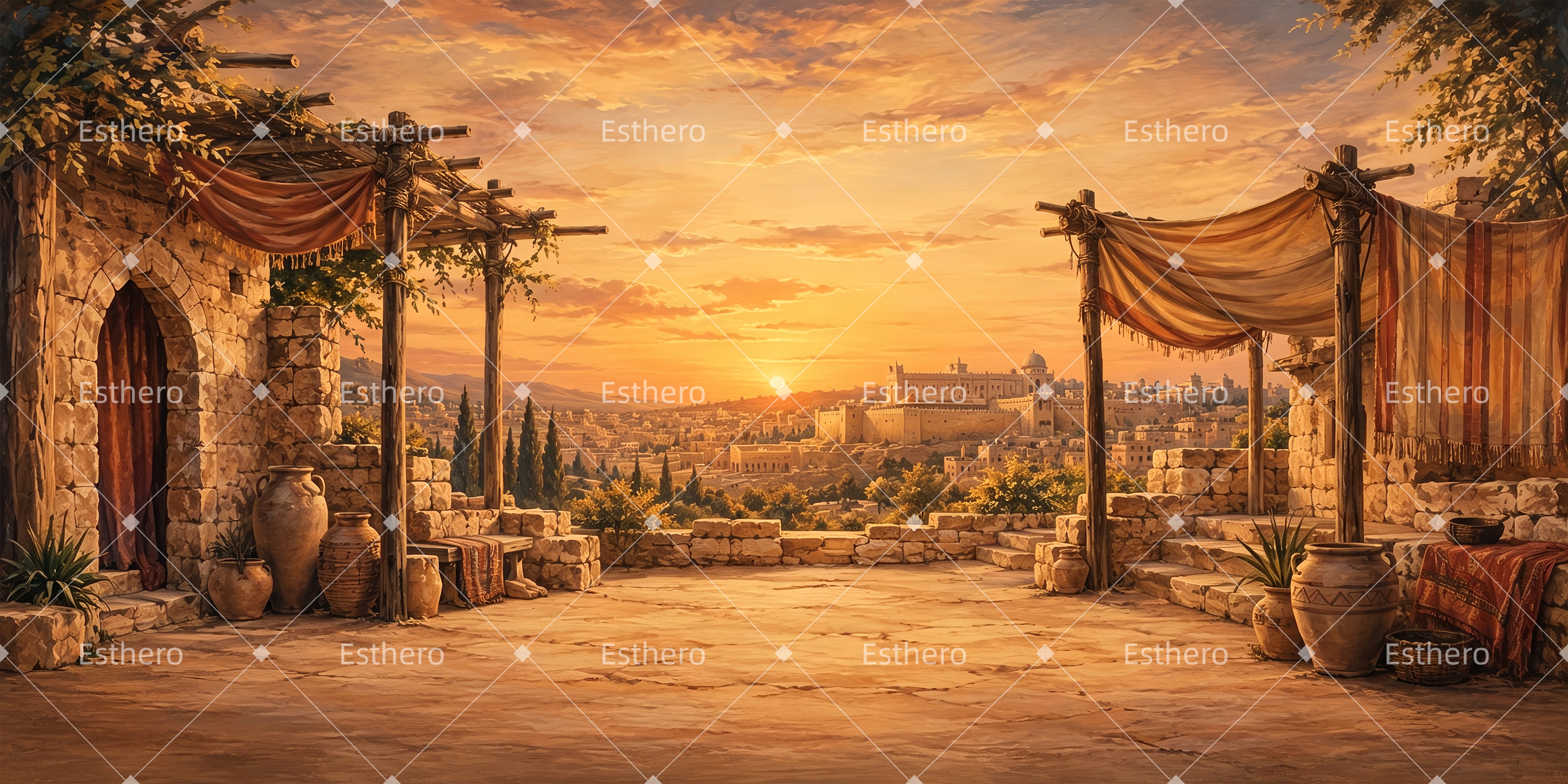 Toile de fond cour au coucher du soleil décor de théâtre ZTT65-T19