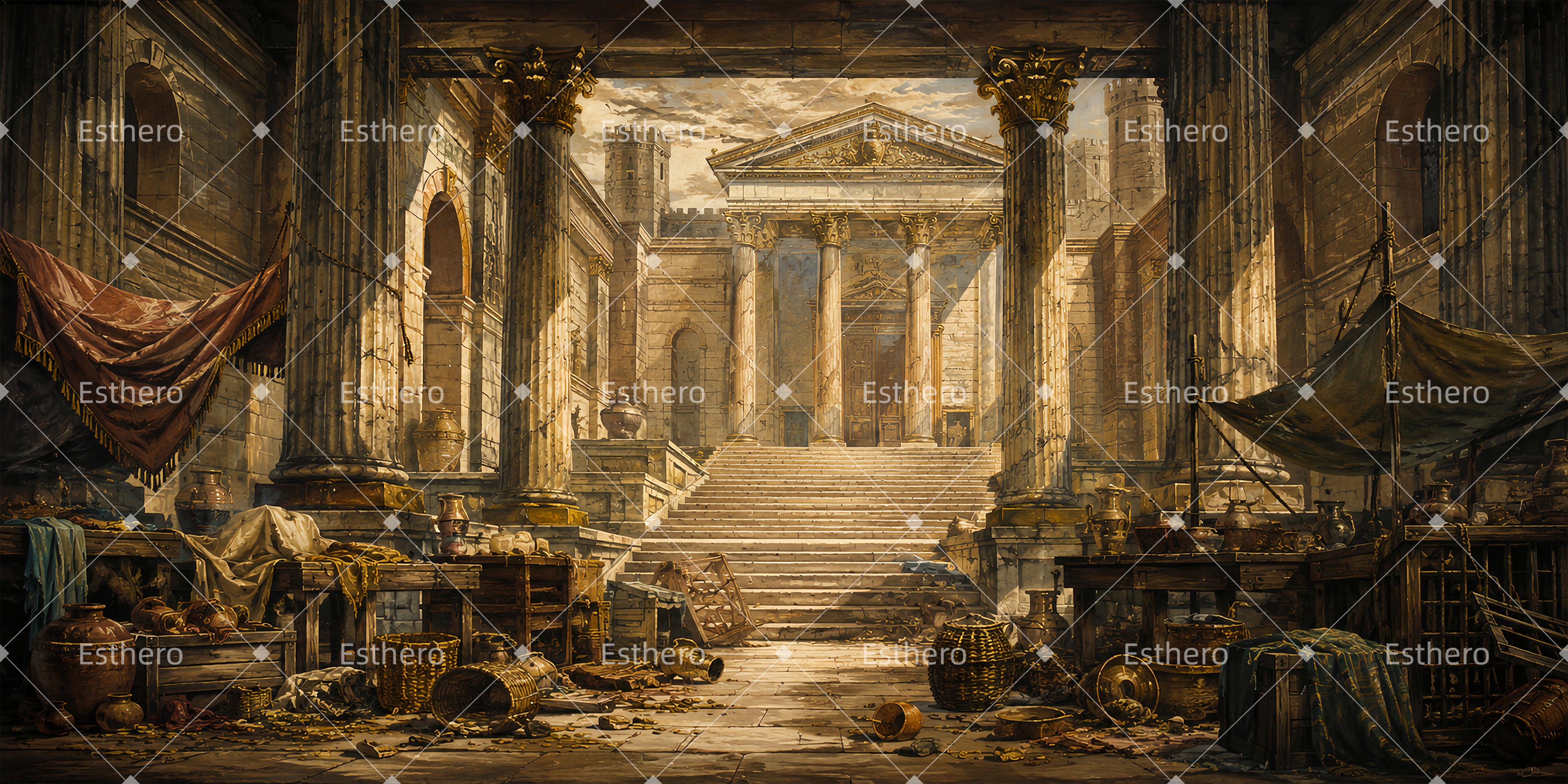 Grande toile de fond place de marché ensoleillée décor de théâtre ZTT65-T22