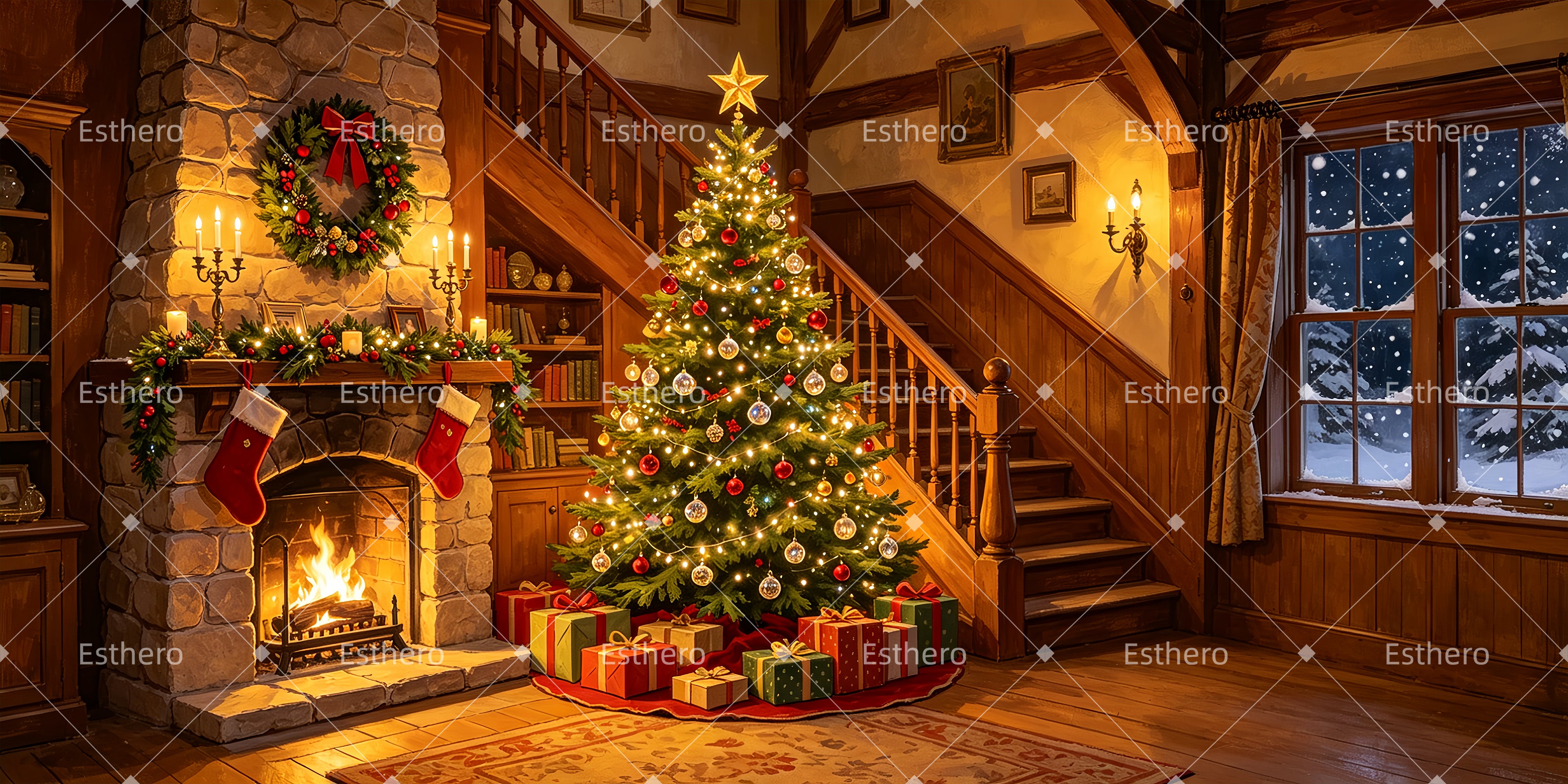 Toile de Fond de Noël Salon Chaleureux avec Cheminée ZTT66-T109
