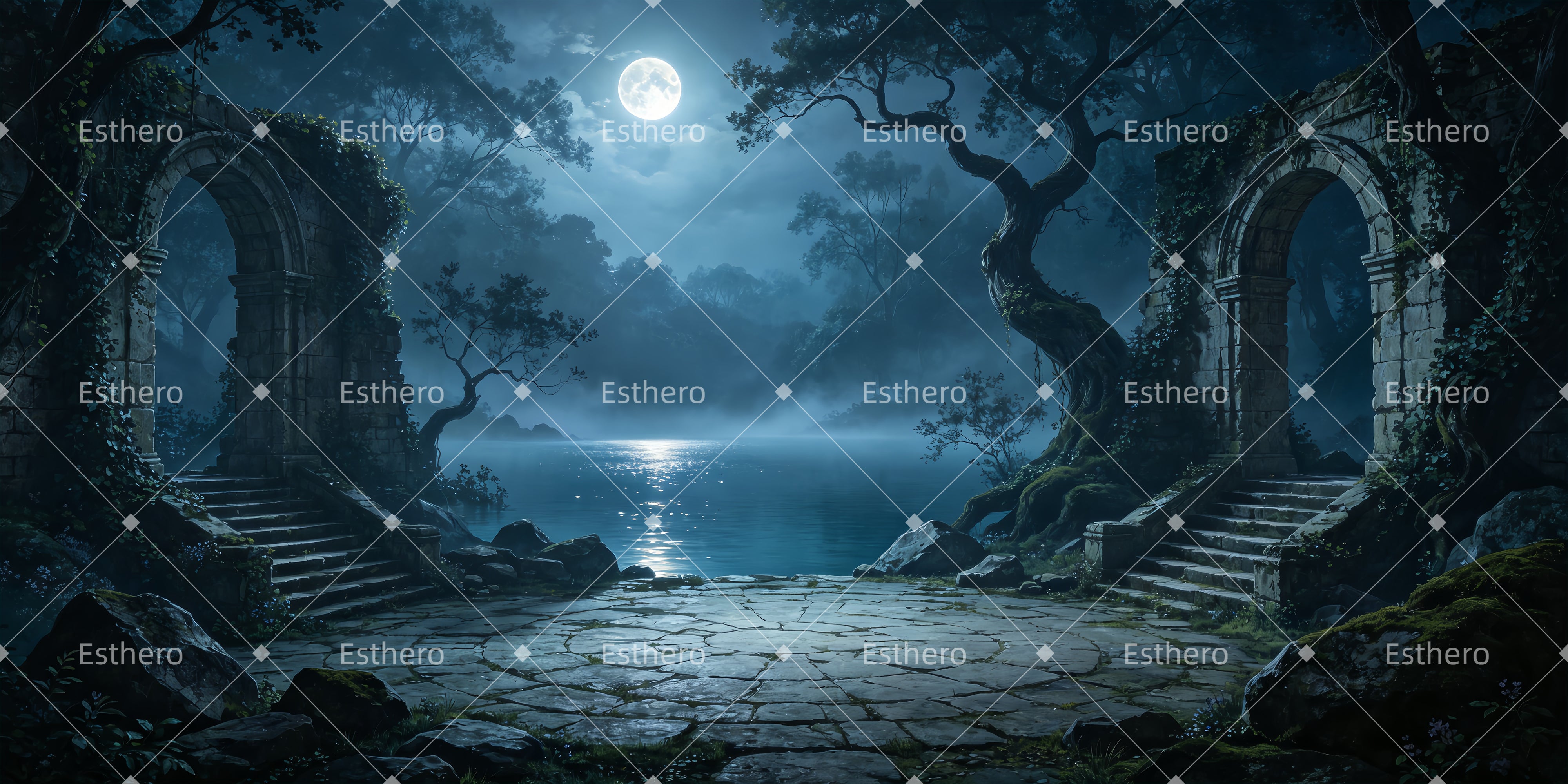Toile de Fond Théâtre Ruines au Clair de Lune Décor de Spectacle ZTT66-T92