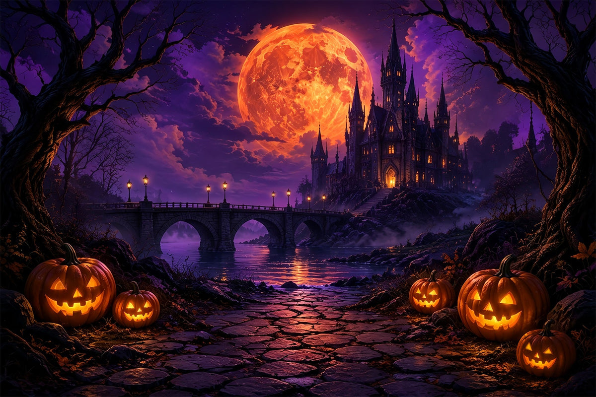 Décors Photo Effrayants Pour Halloween Château Gothique Avec Lune De FeuJoyeux HalloweenZTT67-17