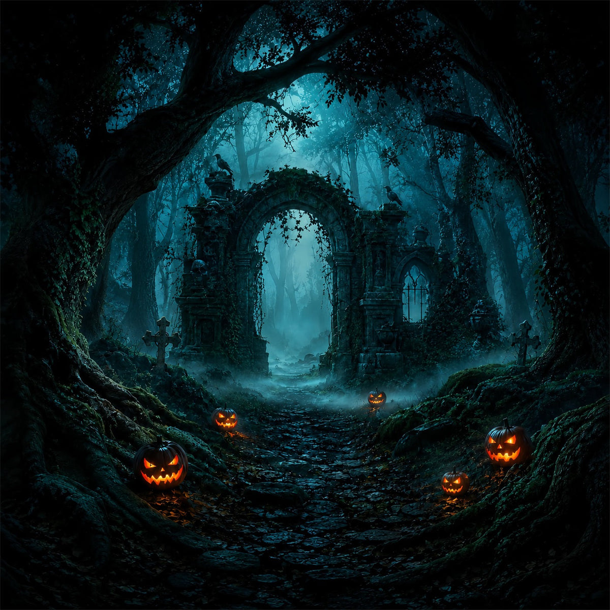Décor De Forêt D'Halloween Ruines De Bois De Citrouilles Brumeuses Décor Vintage D'Halloween ZTT67-2