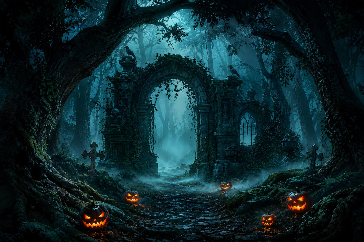 Décor De Forêt D'Halloween Ruines De Bois De Citrouilles Brumeuses Décor Vintage D'Halloween ZTT67-2