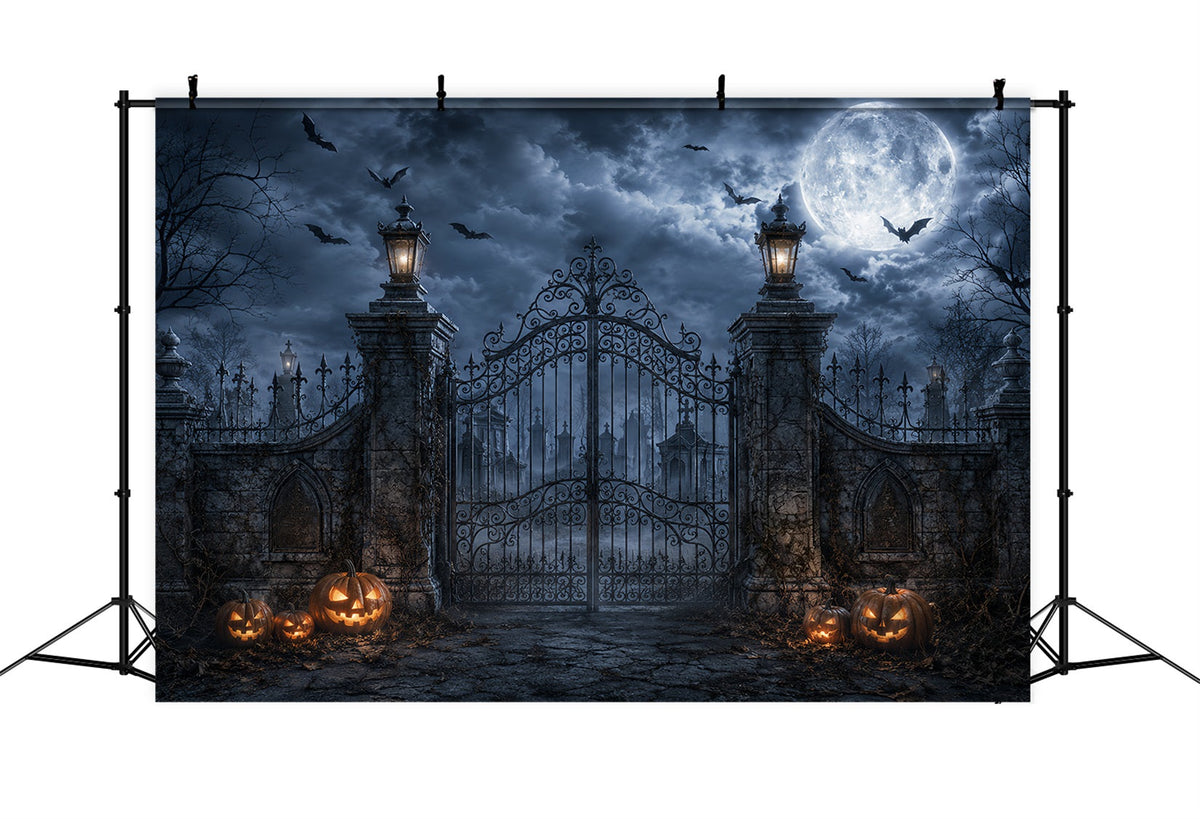 Idées De Décors Pour Photomaton D'Halloween Porte De Cimetière Éclairée Par La Lune Et Citrouilles ZTT67-35