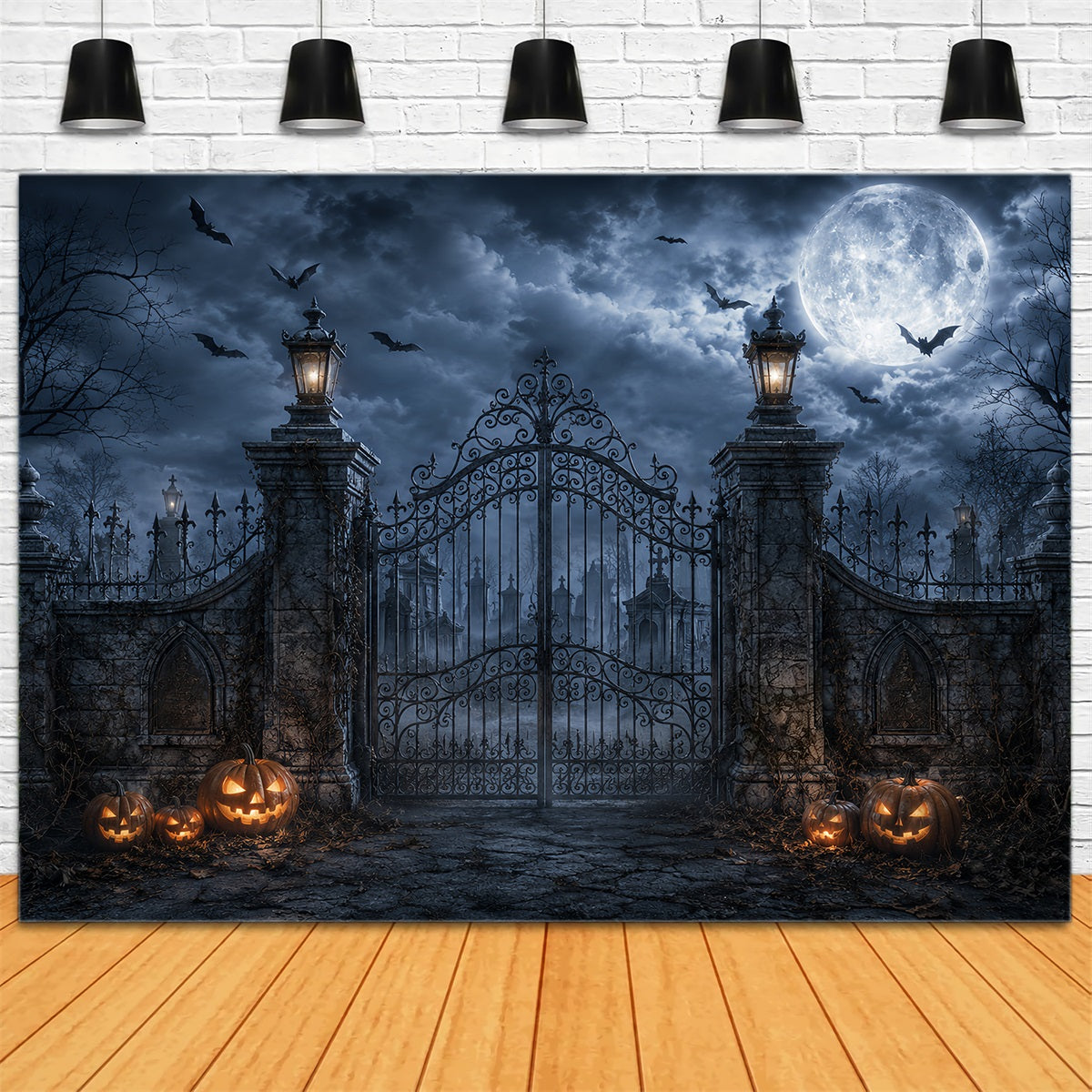Idées De Décors Pour Photomaton D'Halloween Porte De Cimetière Éclairée Par La Lune Et Citrouilles ZTT67-35
