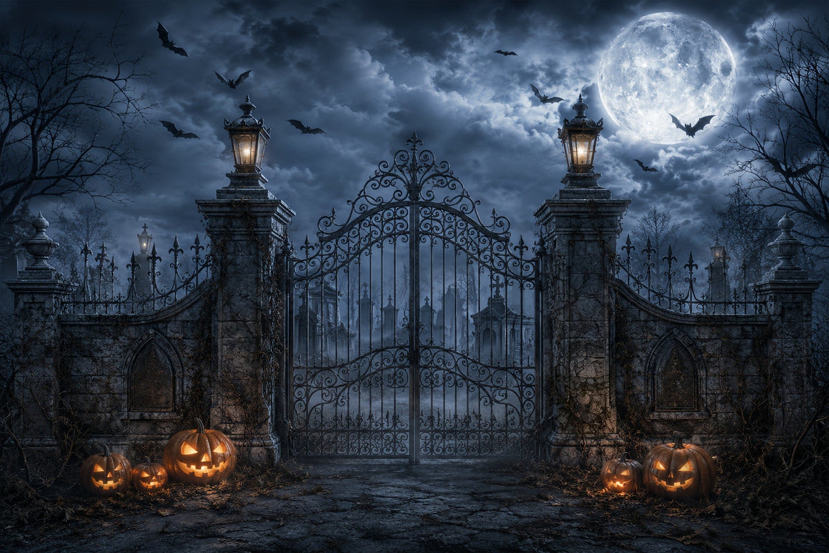 Idées De Décors Pour Photomaton D'Halloween Porte De Cimetière Éclairée Par La Lune Et Citrouilles ZTT67-35