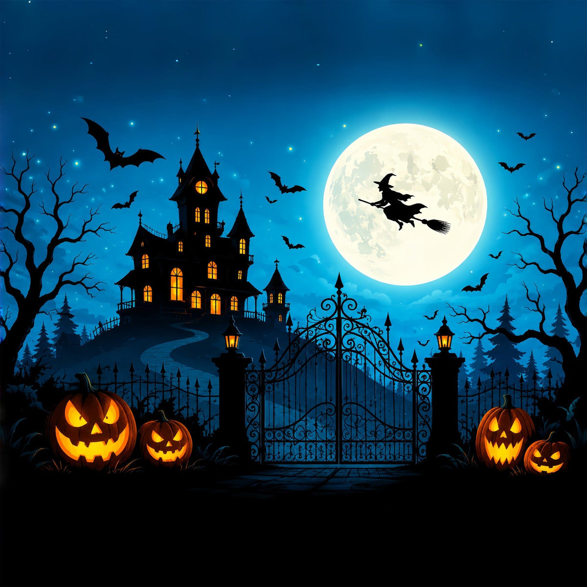 Décor De Château D'Halloween Avec Sorcière Volante Et Citrouille Grande Toile De Fond D'Halloween ZTT67-36