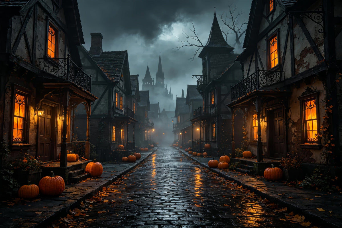 Décors En Carton Pour Halloween Rue Brumeuse Du Village De Citrouilles Décor Photographique D'Halloween ZTT67-39