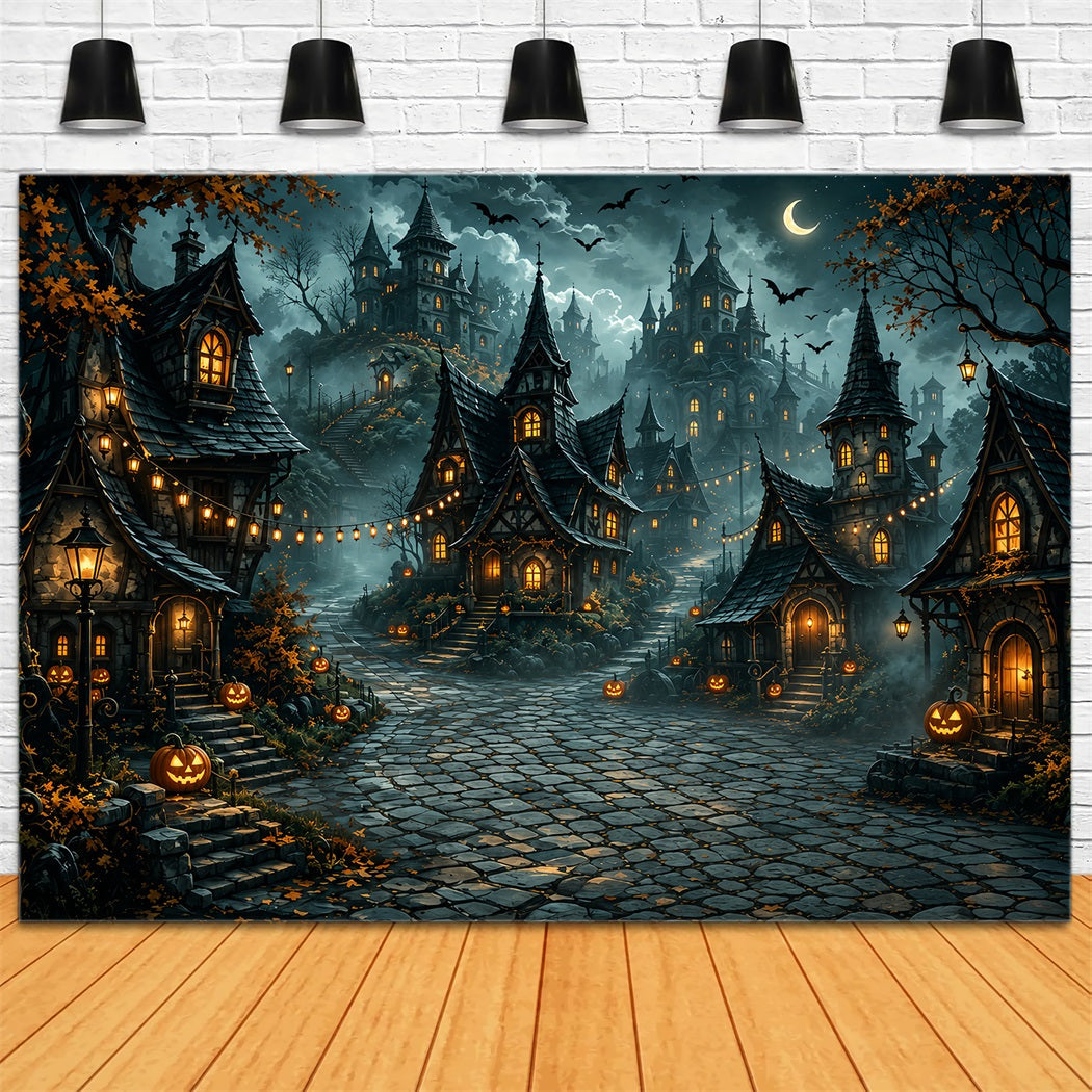 Toile De Fond D'Halloween En Tissu Motif Croissant De Lune Et Village De CitrouillesPour Photos ZTT67-49