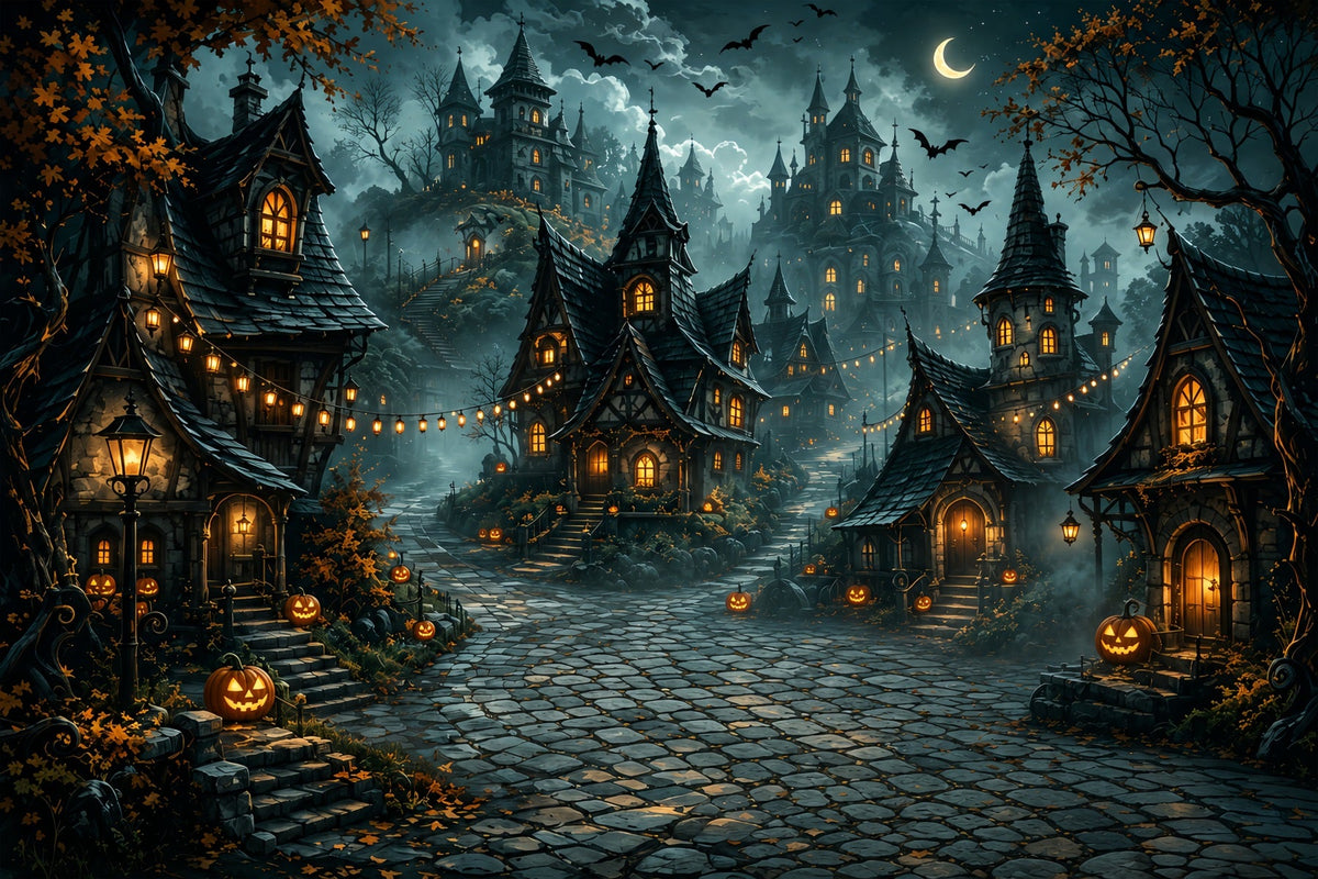 Toile De Fond D'Halloween En Tissu Motif Croissant De Lune Et Village De CitrouillesPour Photos ZTT67-49