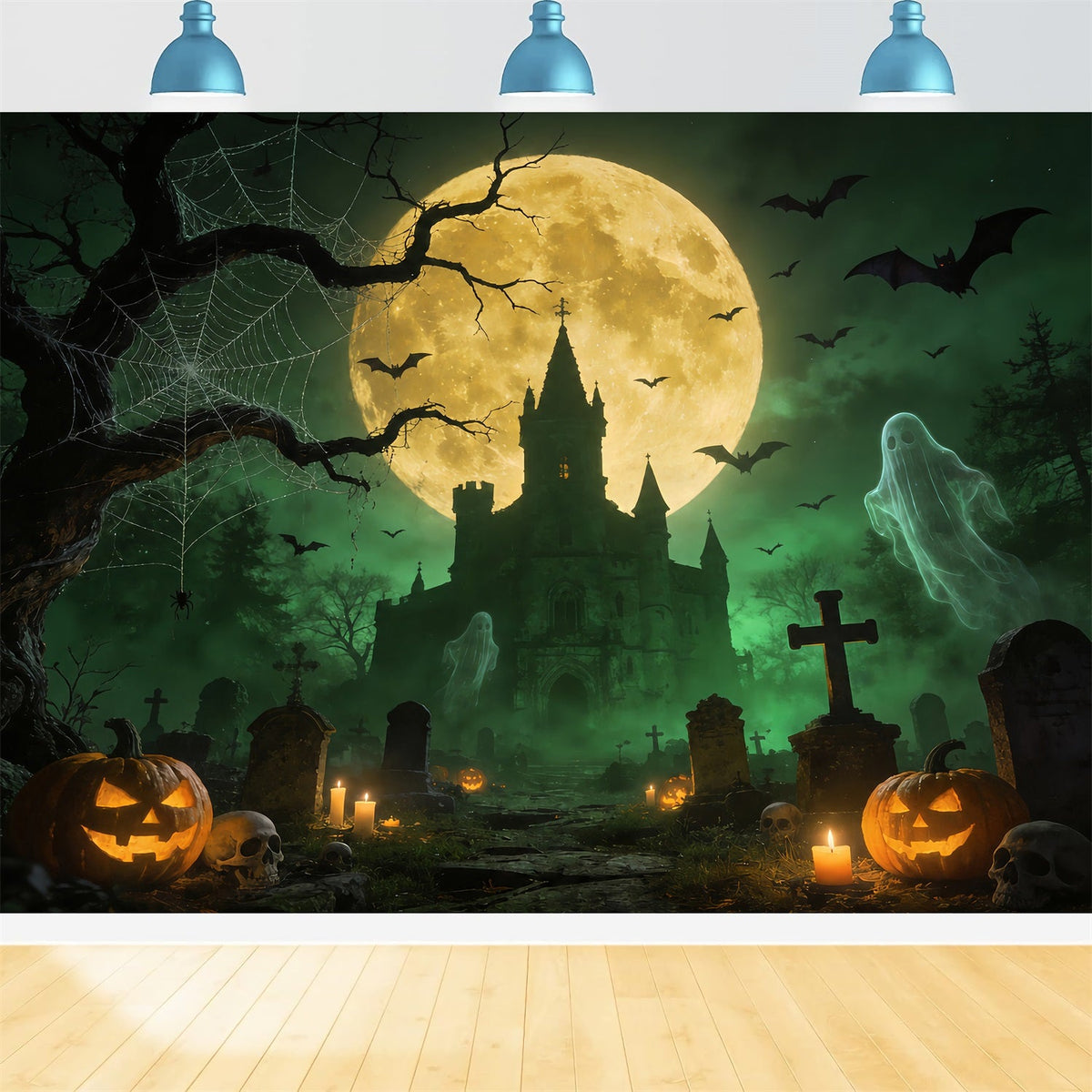 Décor De Fond Fantôme Araignée Château Hanté Cimetière Lune Halloween Pour Photos ZTT67-52