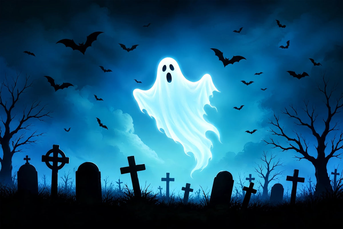 Décor De Fond En Vitrail Fantôme Cimetière De Chauves-Souris Fantômes Lumineux Décors D'Halloween Sympas ZTT67-66