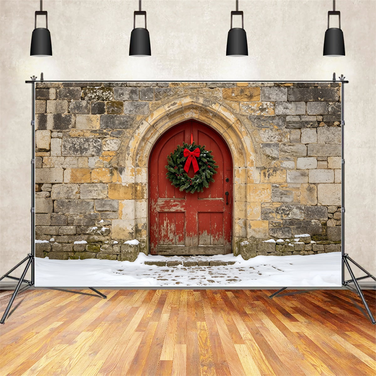 Décor De Noël D'Église Porte Cintrée En Pierre Rustique Décors Photographiques De Noël ZTT69-10