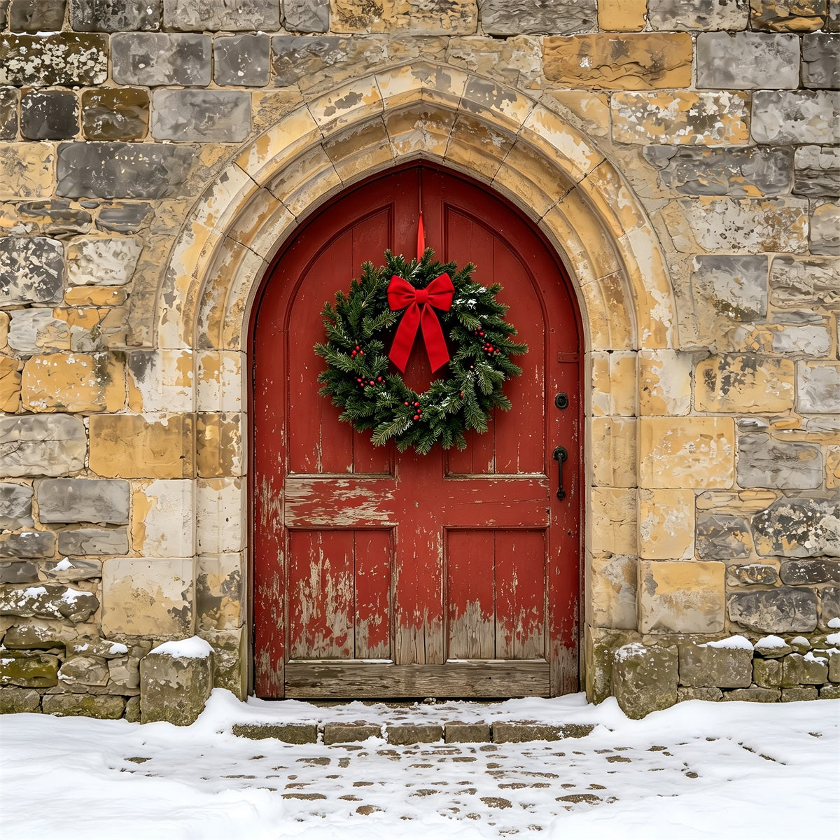 Décor De Noël D'Église Porte Cintrée En Pierre Rustique Décors Photographiques De Noël ZTT69-10