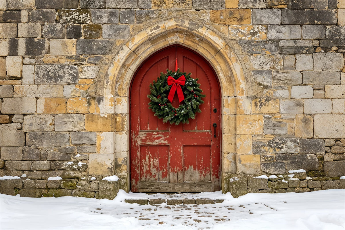 Décor De Noël D'Église Porte Cintrée En Pierre Rustique Décors Photographiques De Noël ZTT69-10