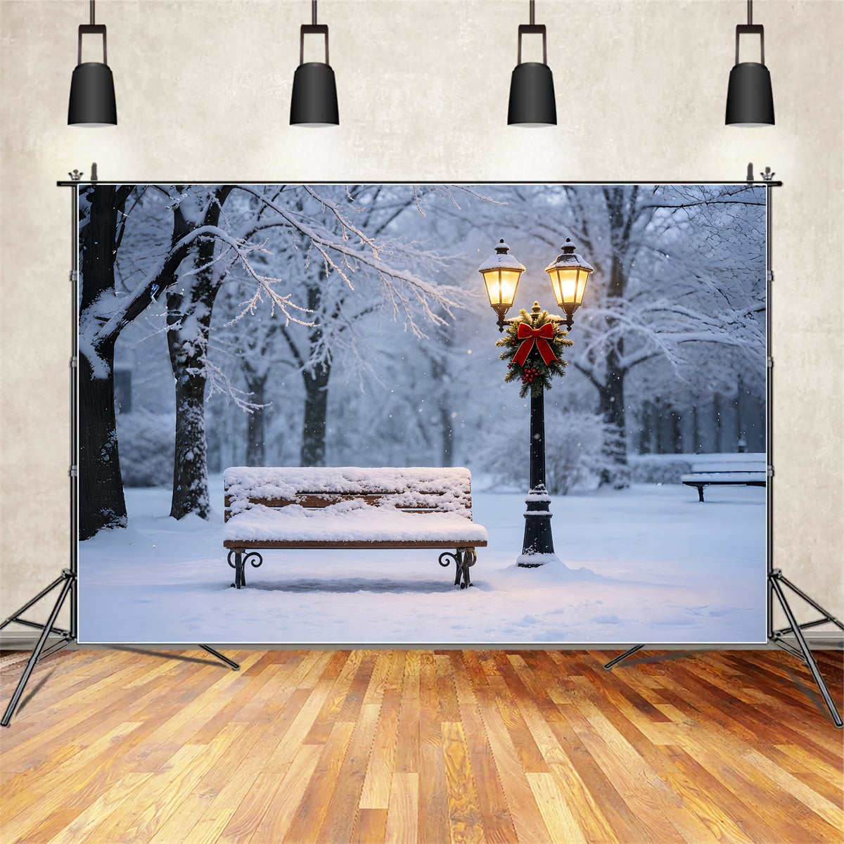 Décor De Neige De Noël La Lueur D'Une Lanterne Sur Un Banc Enneigé Toiles De Fond En Mousseline De Noël ZTT69-11
