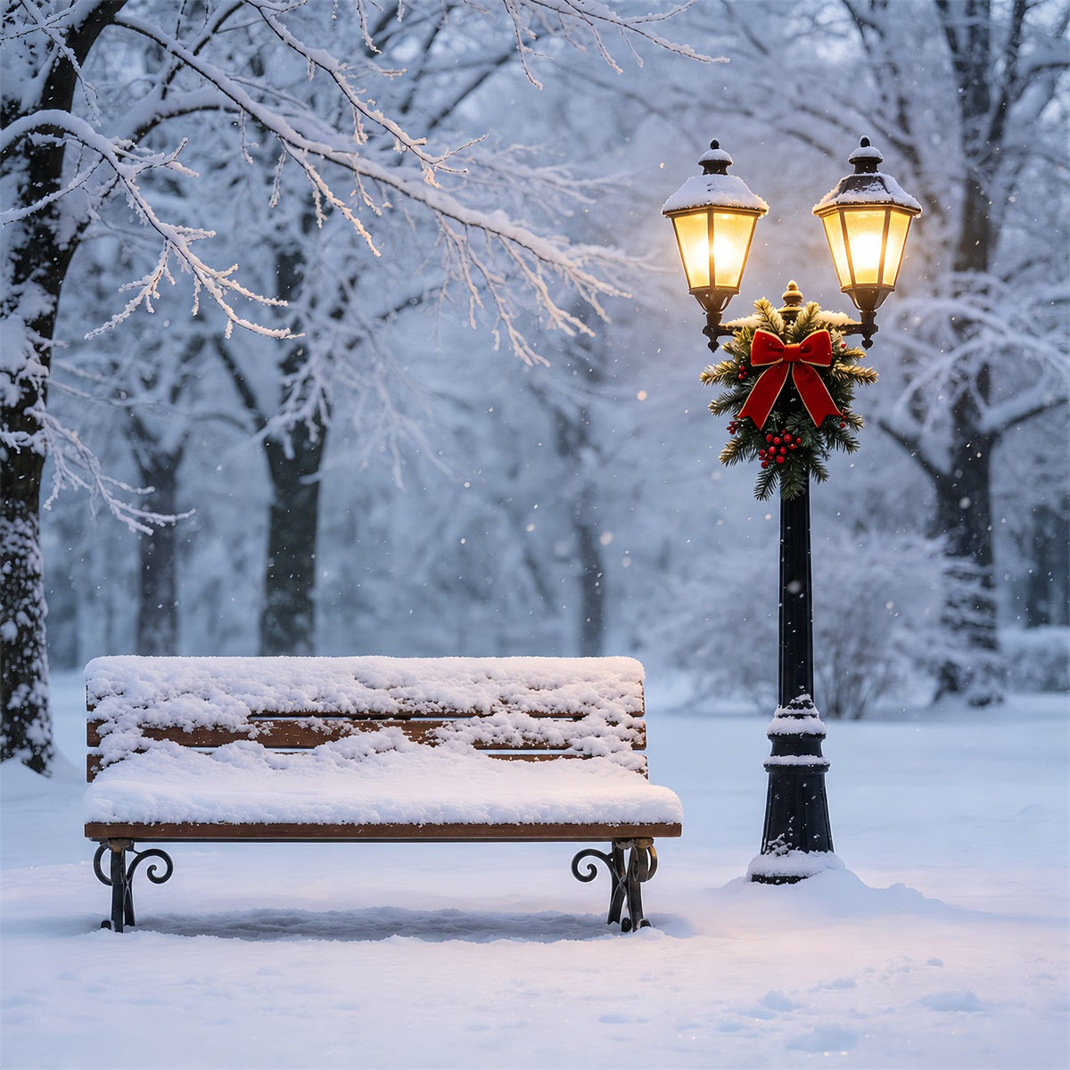 Décor De Neige De Noël La Lueur D'Une Lanterne Sur Un Banc Enneigé Toiles De Fond En Mousseline De Noël ZTT69-11