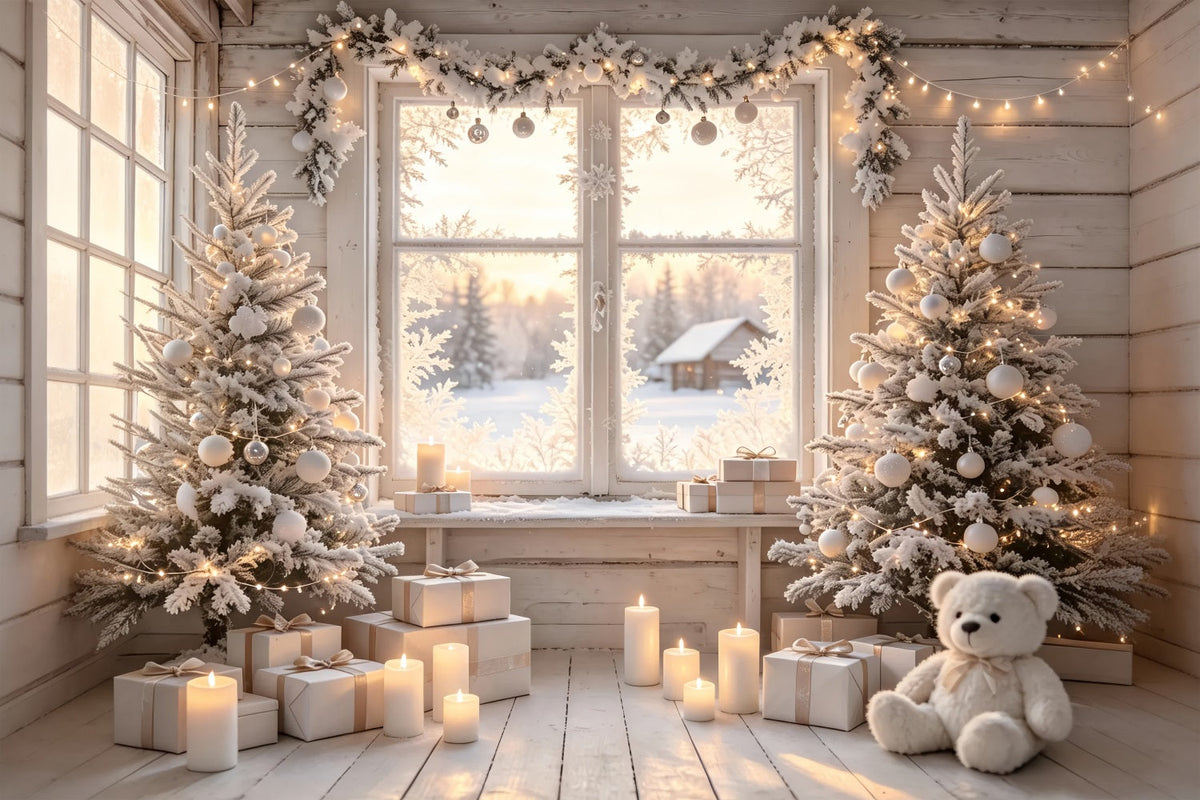 Décor De Cabane De Noël Chambre Avec Fenêtre Blanche Dépolie Fond Photo De Noël ZTT69-20
