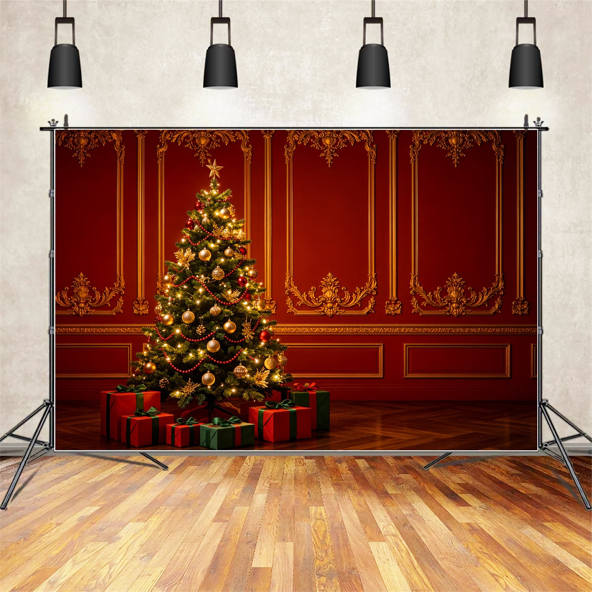 Fond Rouge De Noël Arbre Mural Rétro Palace Décor Mural De Noël ZTT69-22