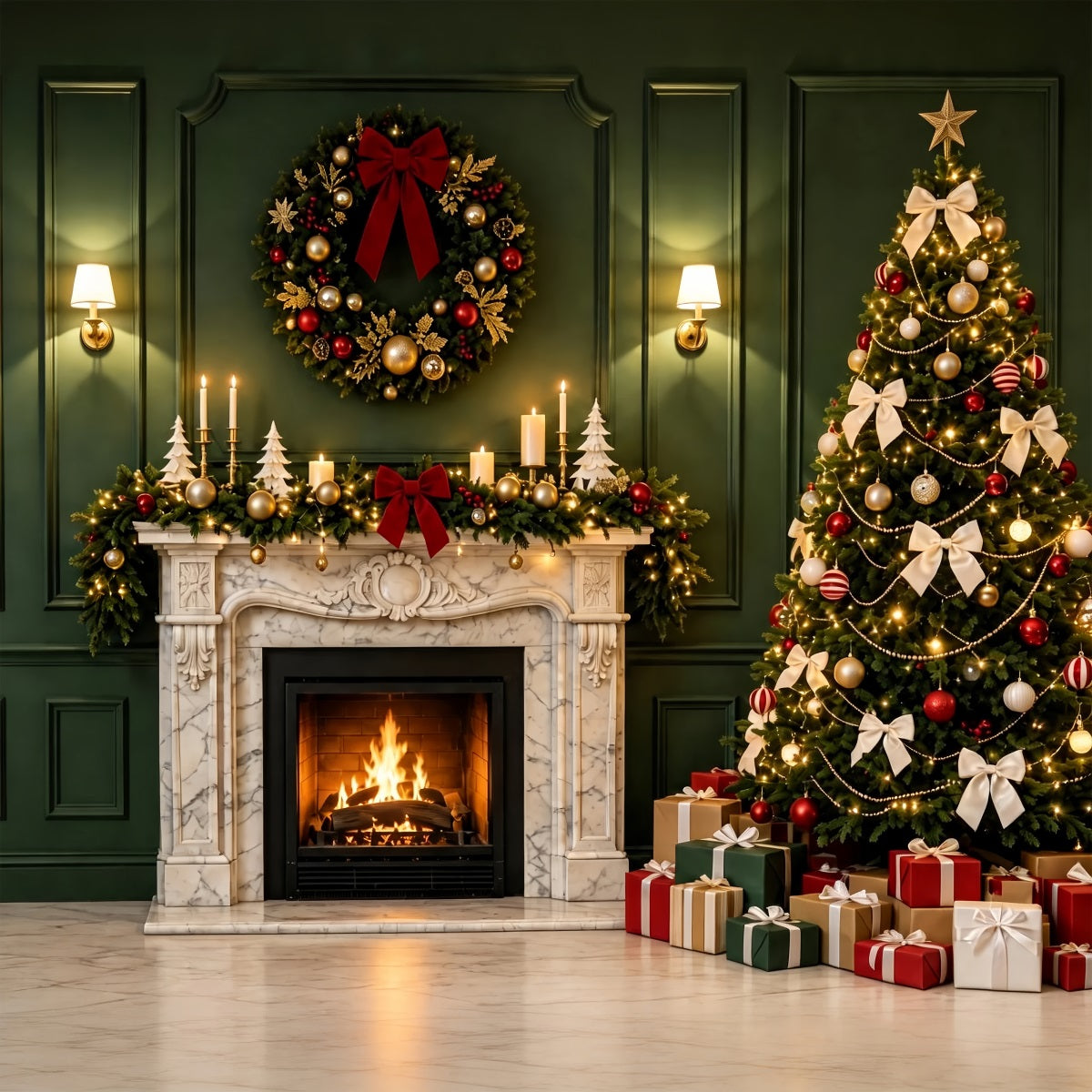 Fond Vert De Noël Décoration De Cheminée Verte En Forme D'Arbre Décors Photo De Noël ZTT69-28