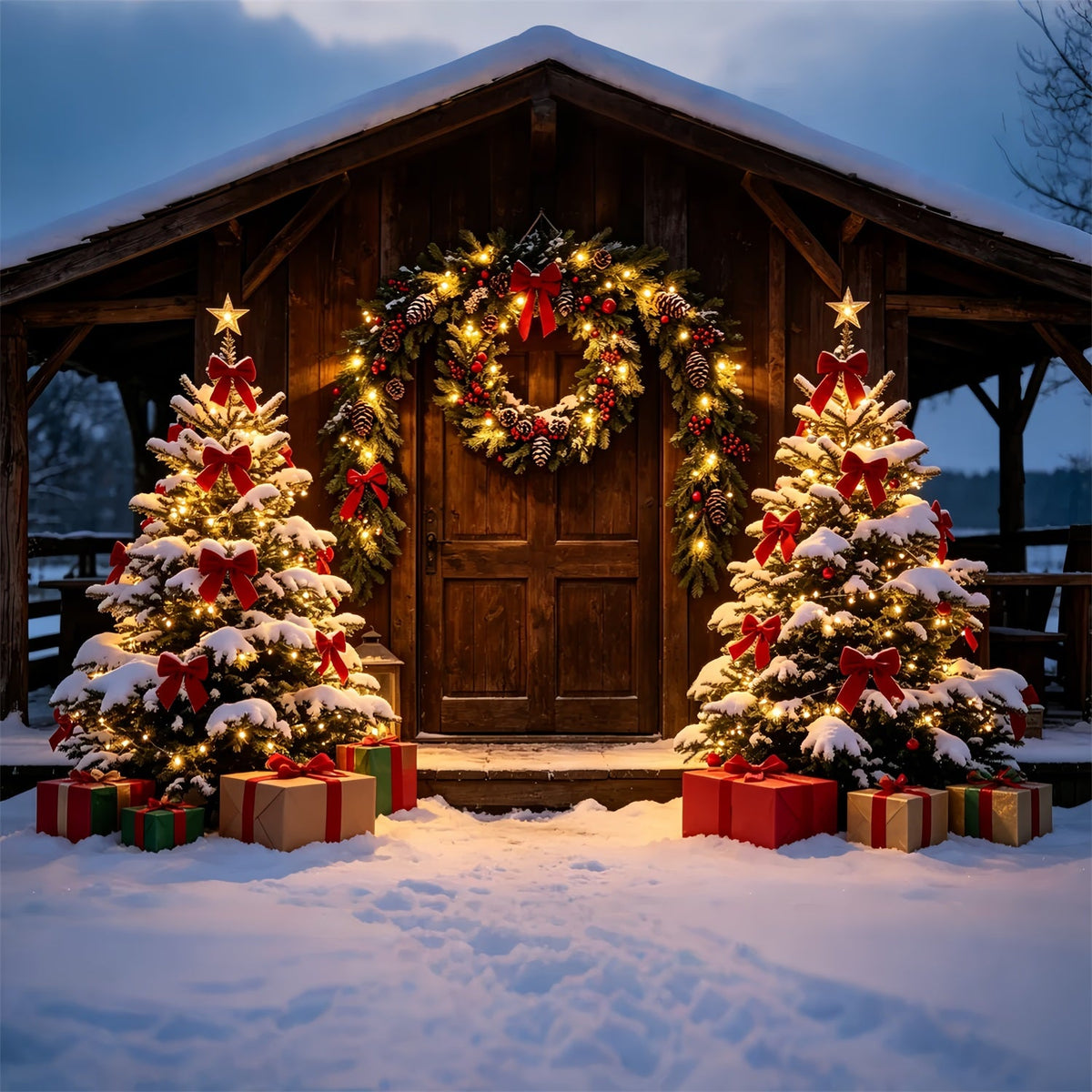 Décor De Porte De Grange De Noël Entrée De Chalet Rustique Enneigé Fond Photographique De Noël ZTT69-31