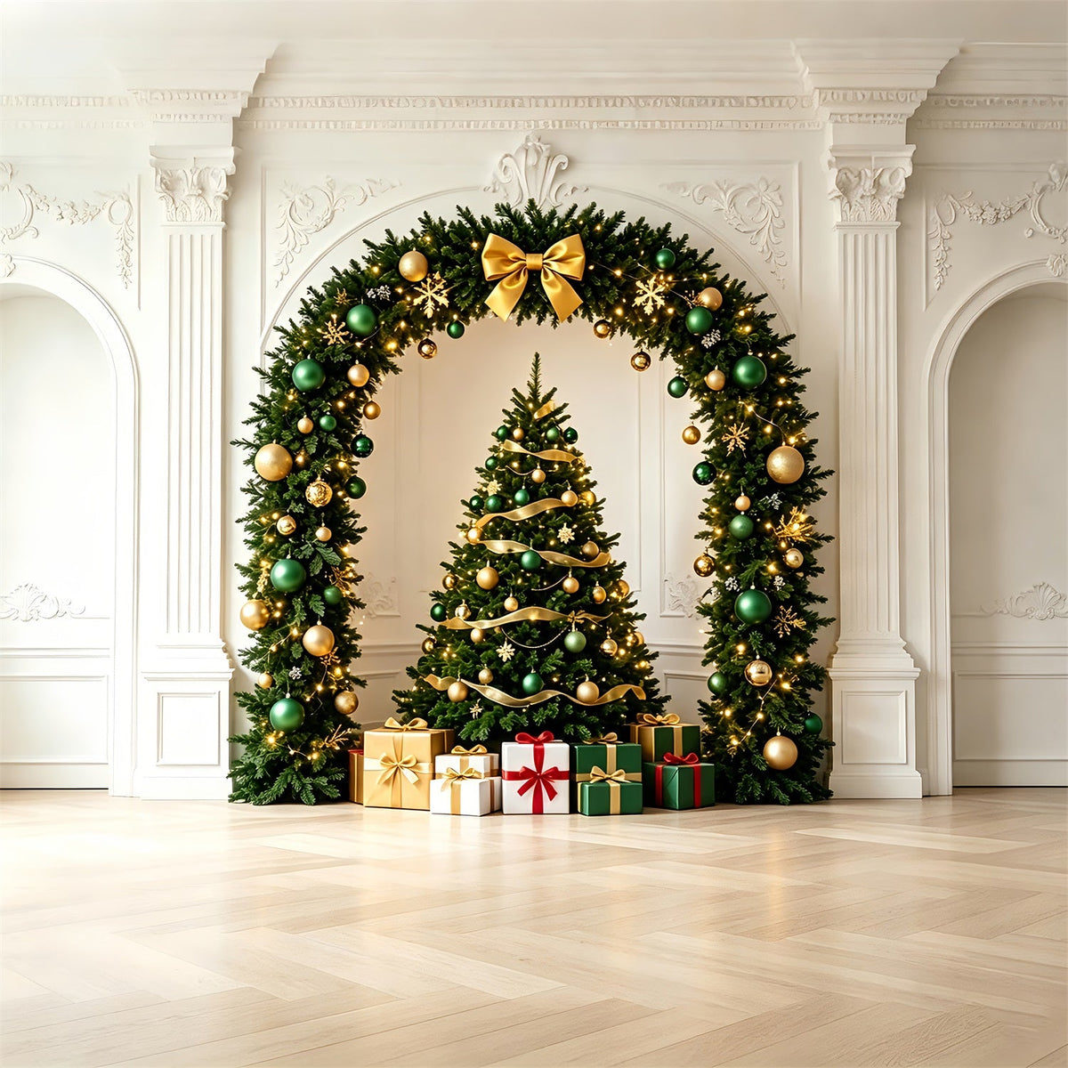 Fond De Décor De Noël Arche Élégante Verte Et Dorée Décors De Noël Pour Studio ZTT69-38