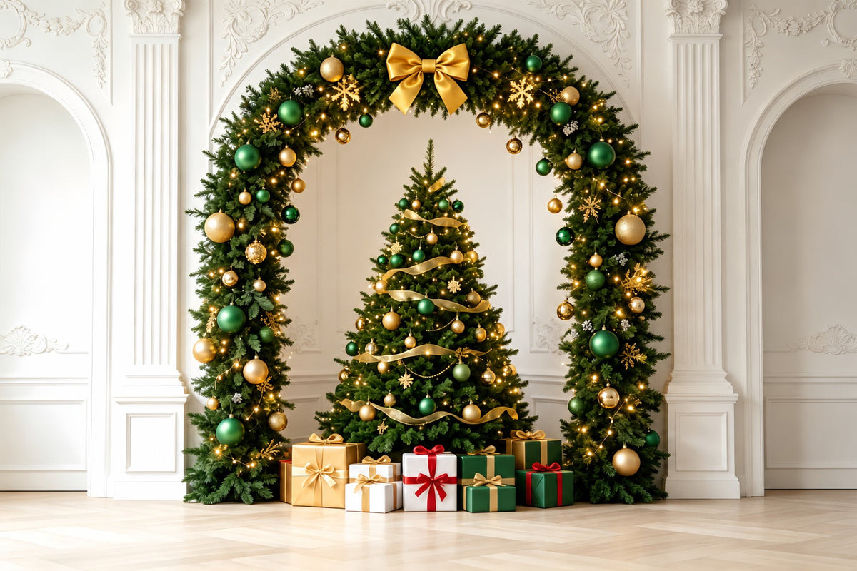 Fond De Décor De Noël Arche Élégante Verte Et Dorée Décors De Noël Pour Studio ZTT69-38