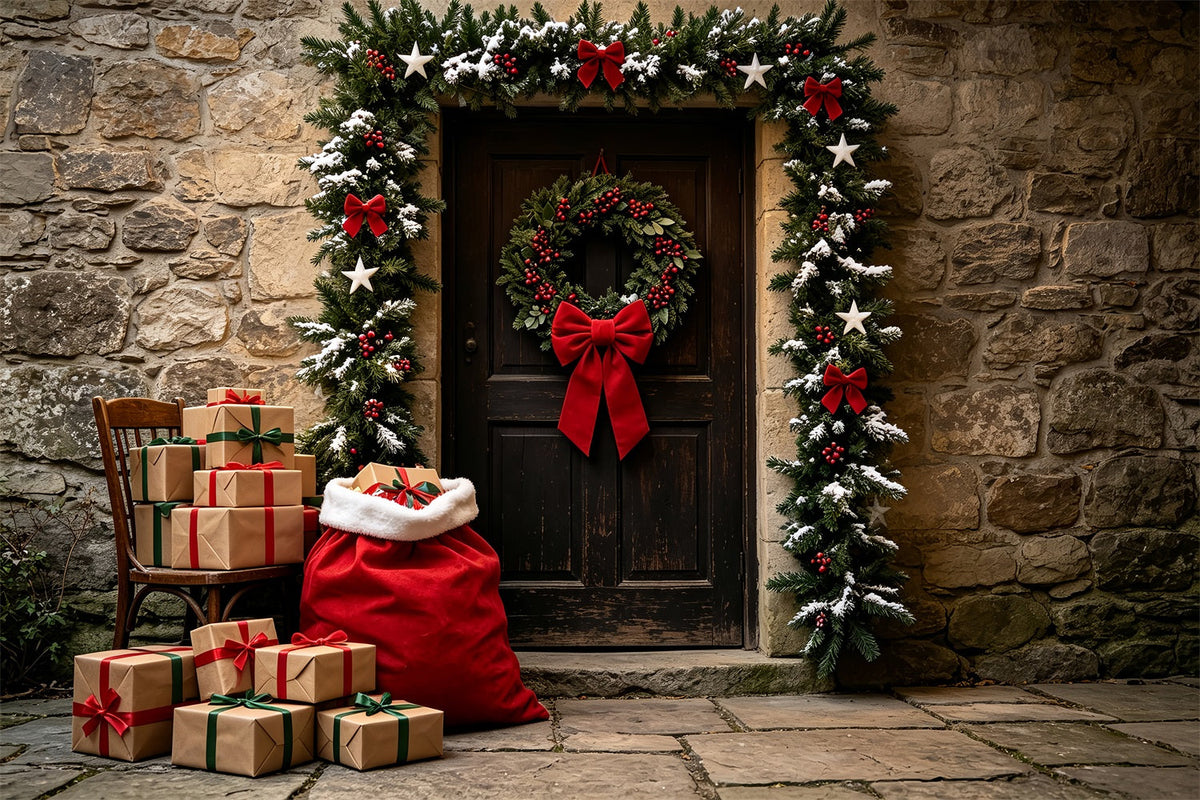 Décor De Noël Champêtre Porte En Pierre Avec Guirlande D'Entrée Fond De Noël En Mousseline ZTT69-45