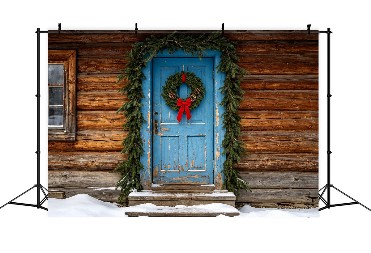 Fond De Noël En Bois Cabane Rustique À Porte Bleue Fond En Mousseline De Noël ZTT69-46