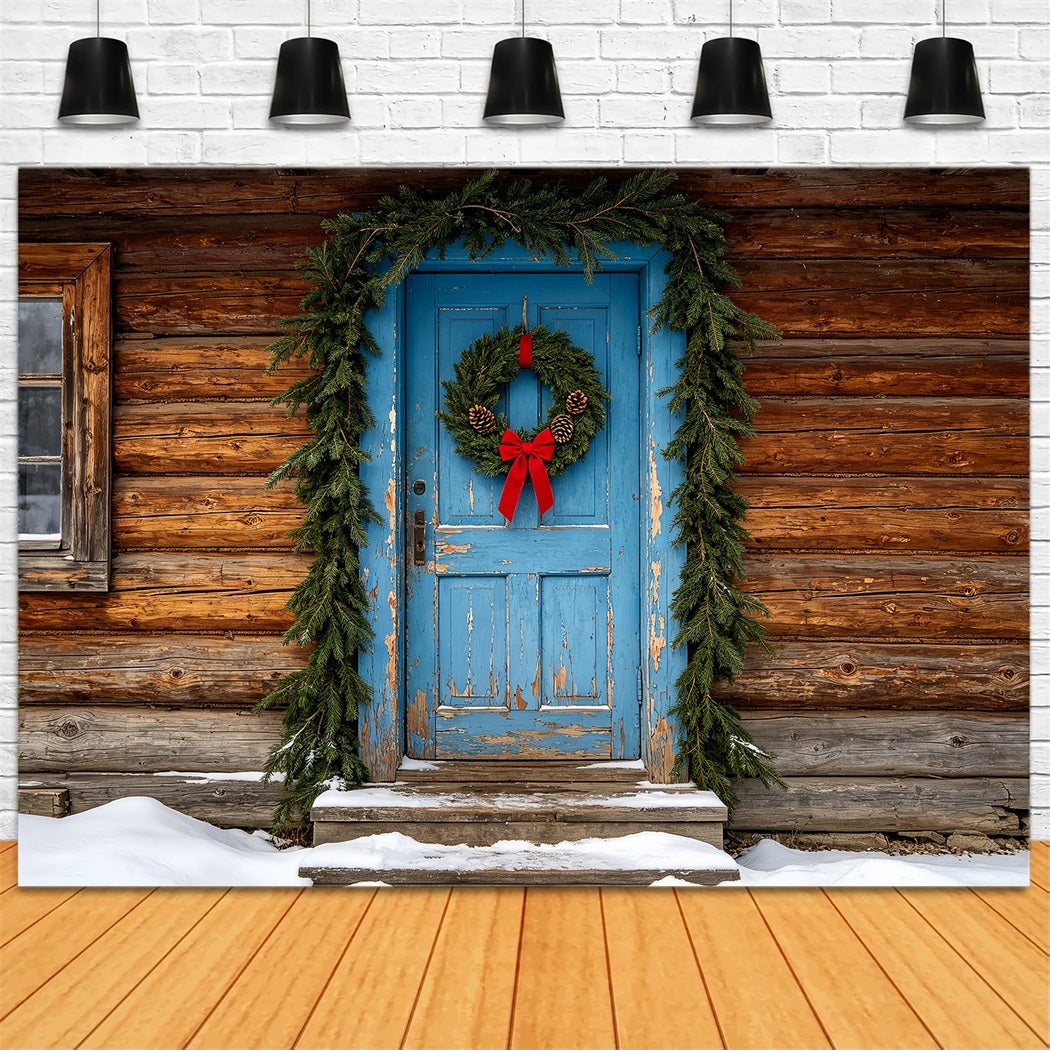 Fond De Noël En Bois Cabane Rustique À Porte Bleue Fond En Mousseline De Noël ZTT69-46