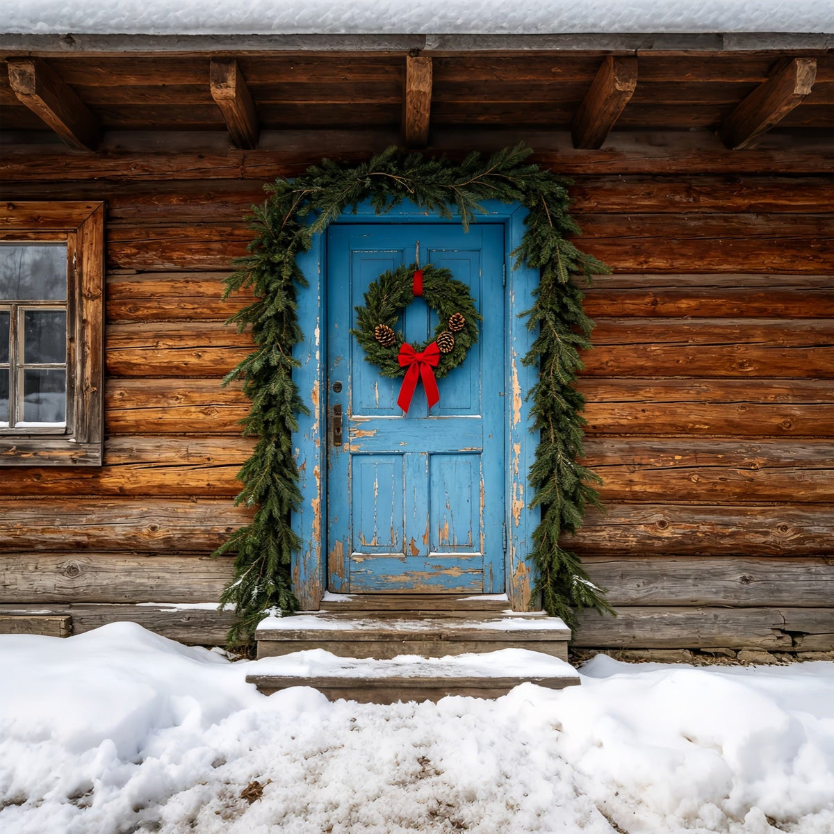 Fond De Noël En Bois Cabane Rustique À Porte Bleue Fond En Mousseline De Noël ZTT69-46