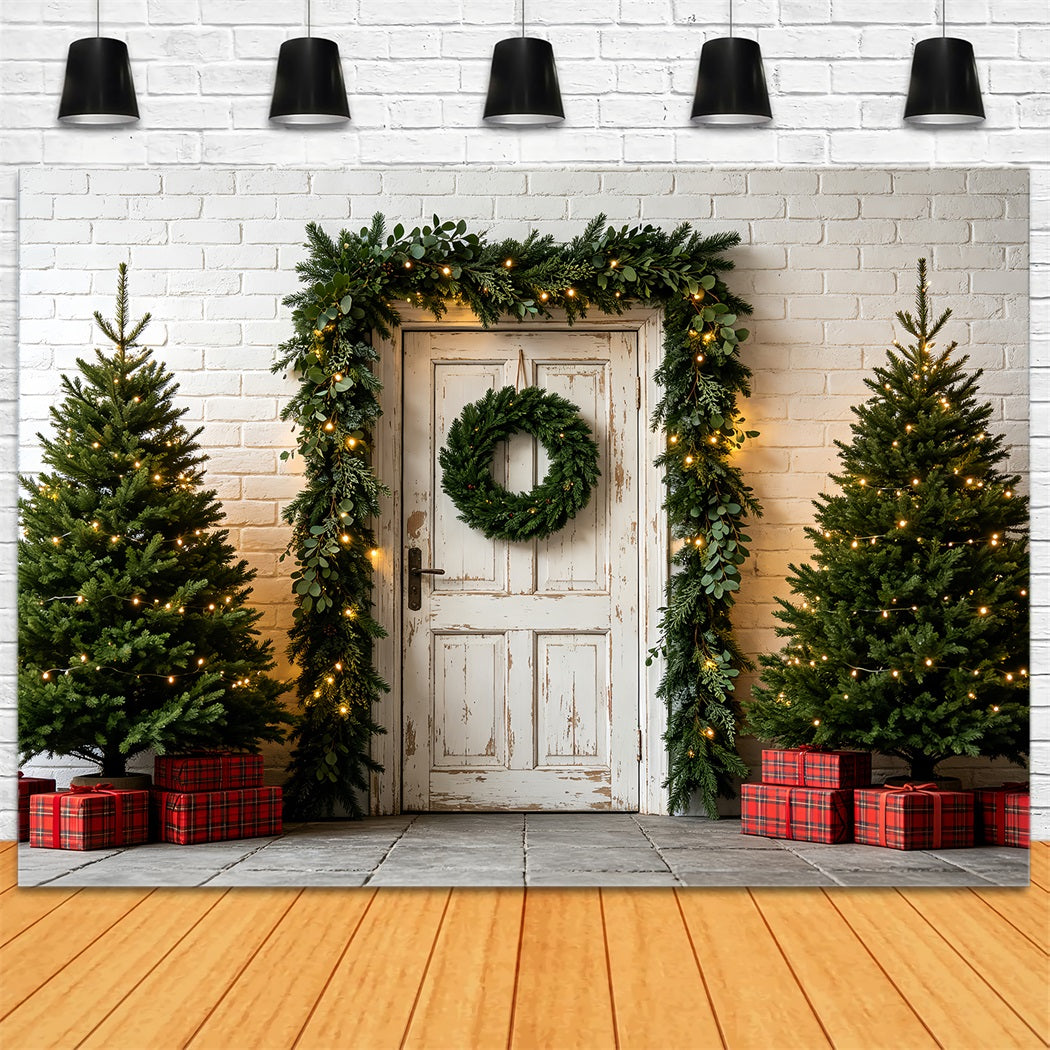 Décor De Verdure De Noël Entrée Avec Guirlande De Porte Blanche Décors Photographiques De Noël ZTT69-47